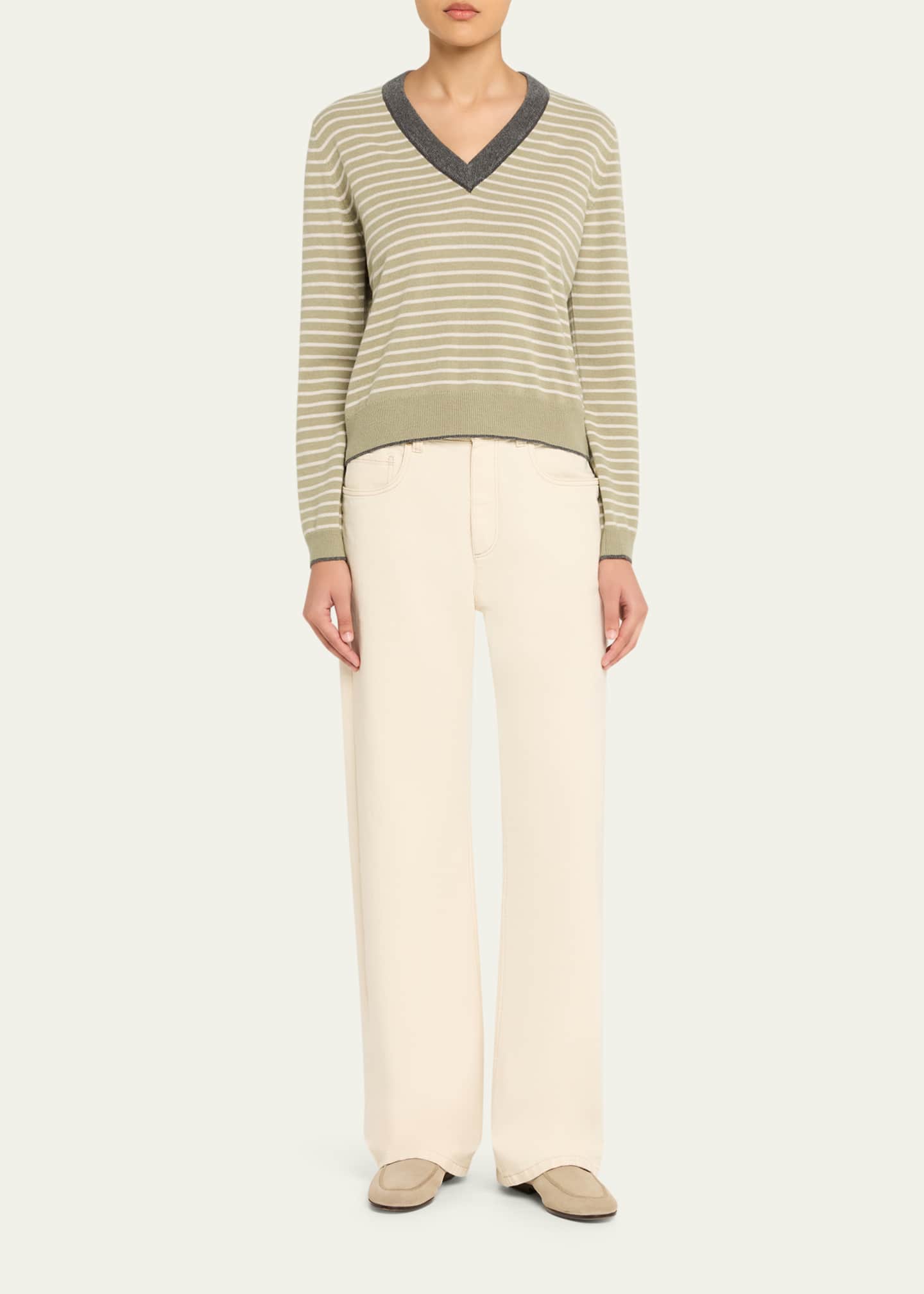 Brunello Cucinelli Striped Wool-Cashmere V-Neck Sweater - Bergdorf