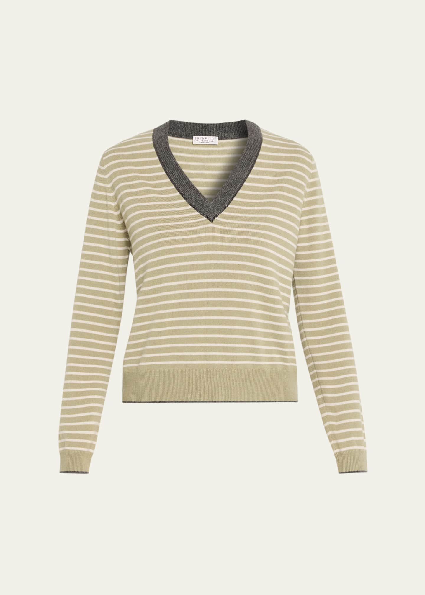 Brunello Cucinelli Striped Wool-Cashmere V-Neck Sweater - Bergdorf
