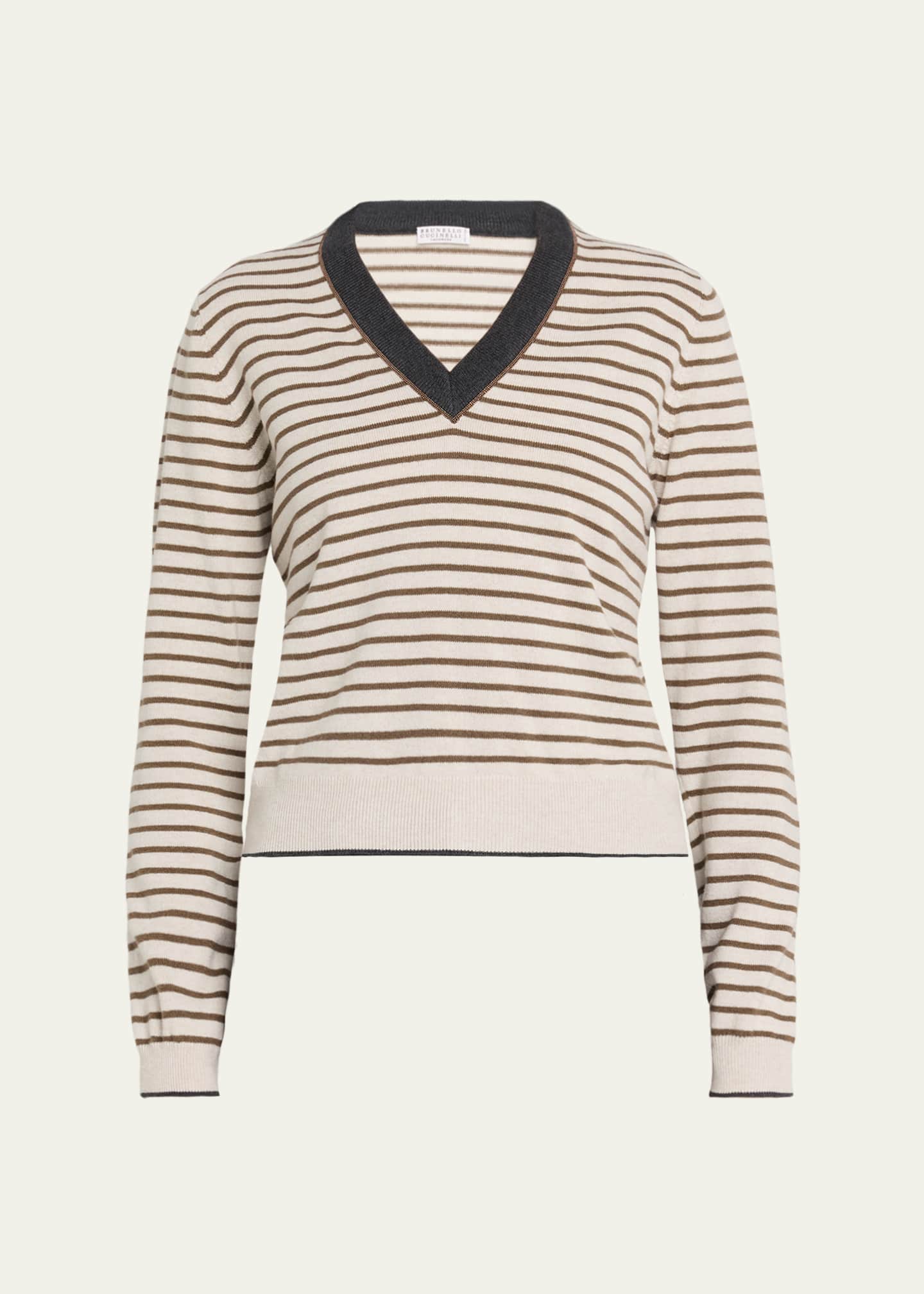 Brunello Cucinelli Striped Wool-Cashmere V-Neck Sweater - Bergdorf