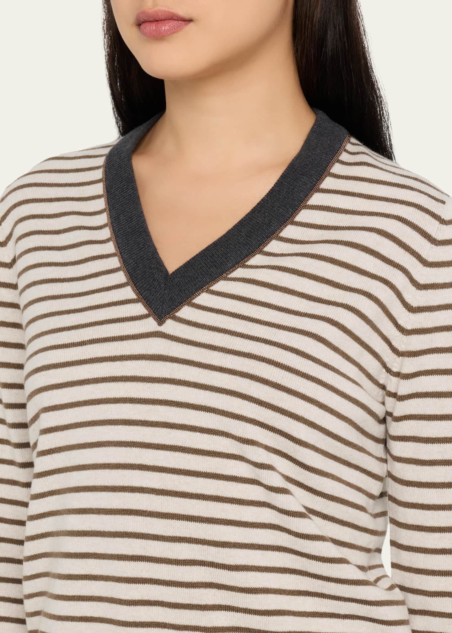 Brunello Cucinelli Striped Wool-Cashmere V-Neck Sweater - Bergdorf