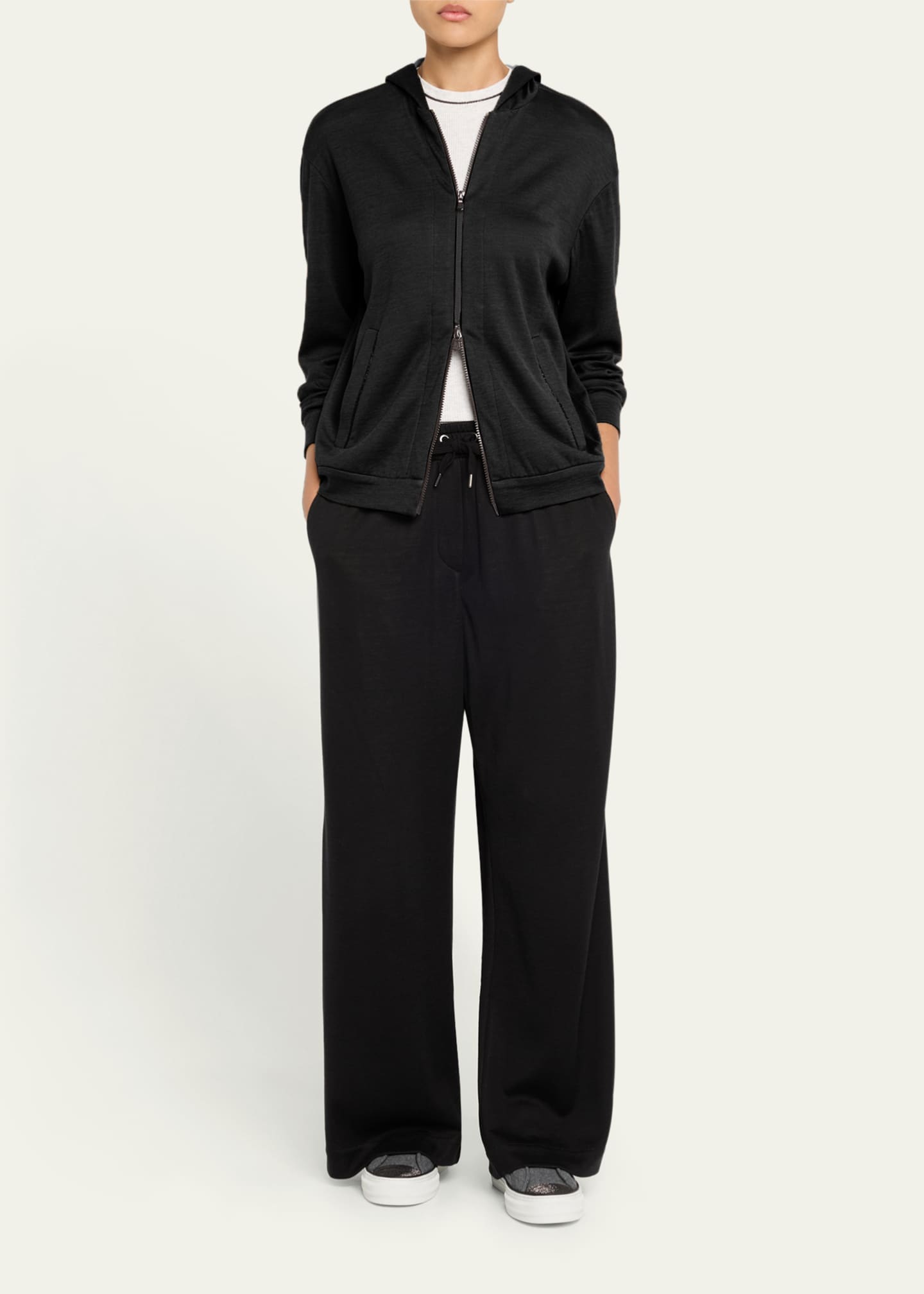 Brunello Cucinelli Monili Side-Stripe Cotton Silk Wide-Leg