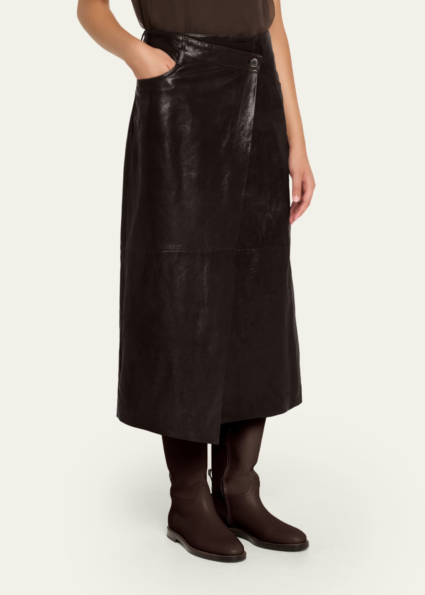 Brunello Cucinelli Shiny Leather Midi Wrap Skirt Image 4 of 5