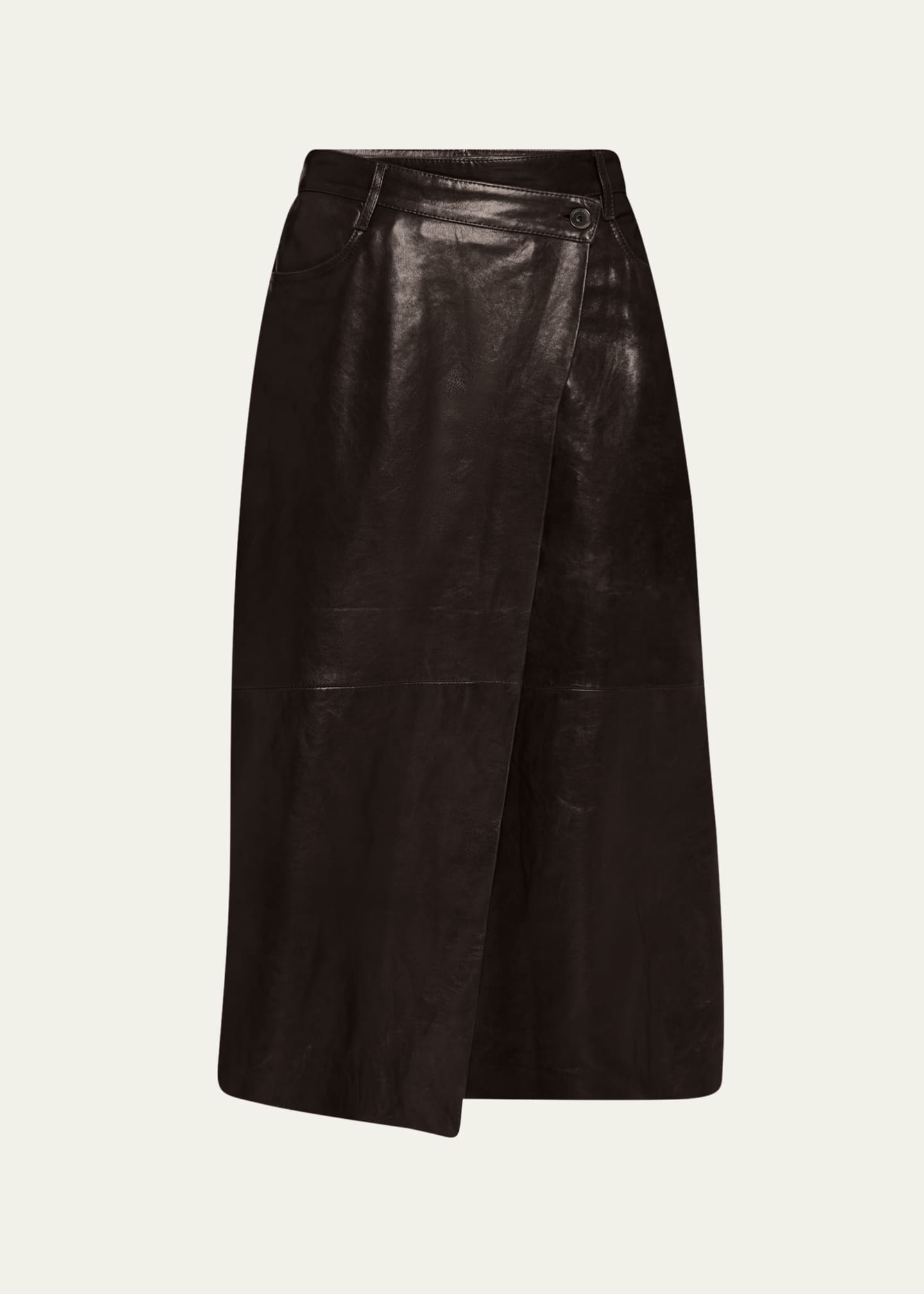 Brunello Cucinelli Shiny Leather Midi Wrap Skirt Image 1 of 5
