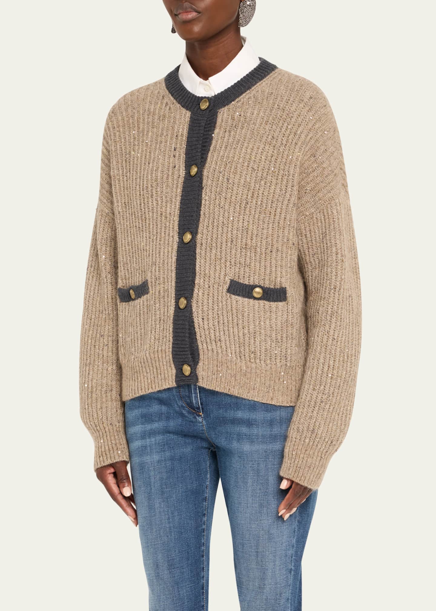 Brunello Cucinelli Wool-Mohair Pailette Bicolor Cardigan Image 4 of 5