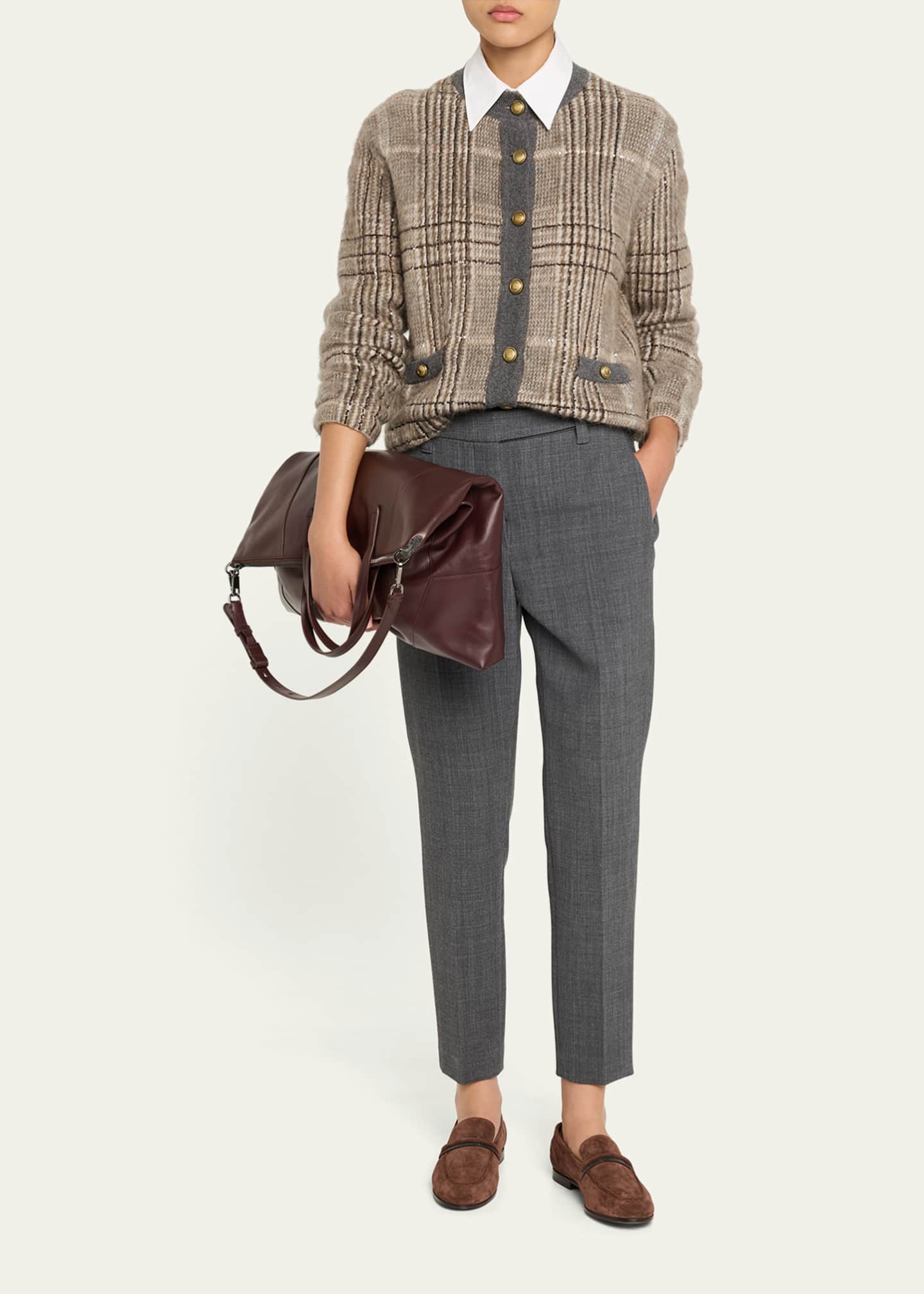 Brunello Cucinelli Double Wool Canvas Skinny-Leg Ankle Cigarette Pants Image 2 of 5