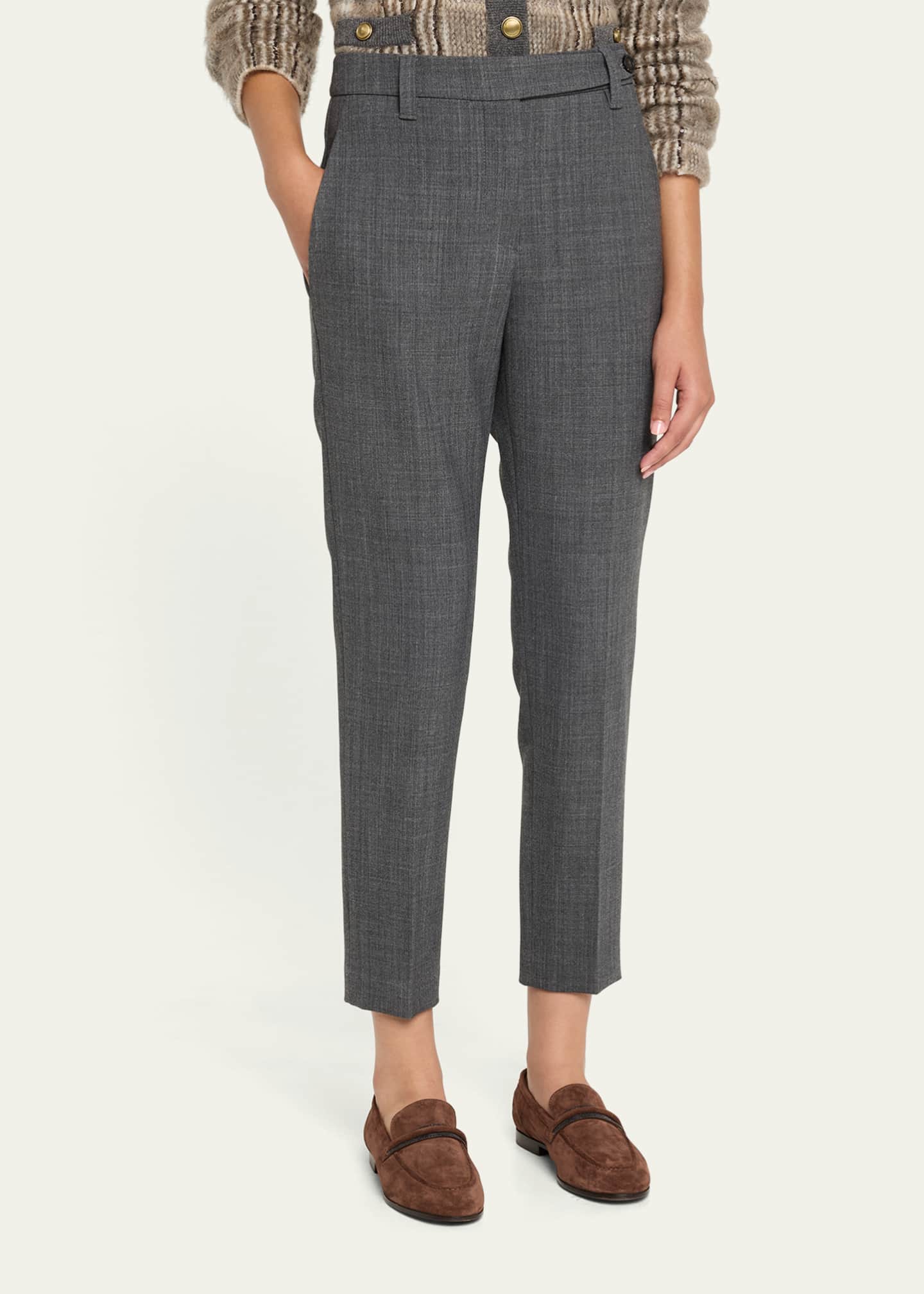 Brunello Cucinelli Double Wool Canvas Skinny-Leg Ankle Cigarette Pants Image 4 of 5