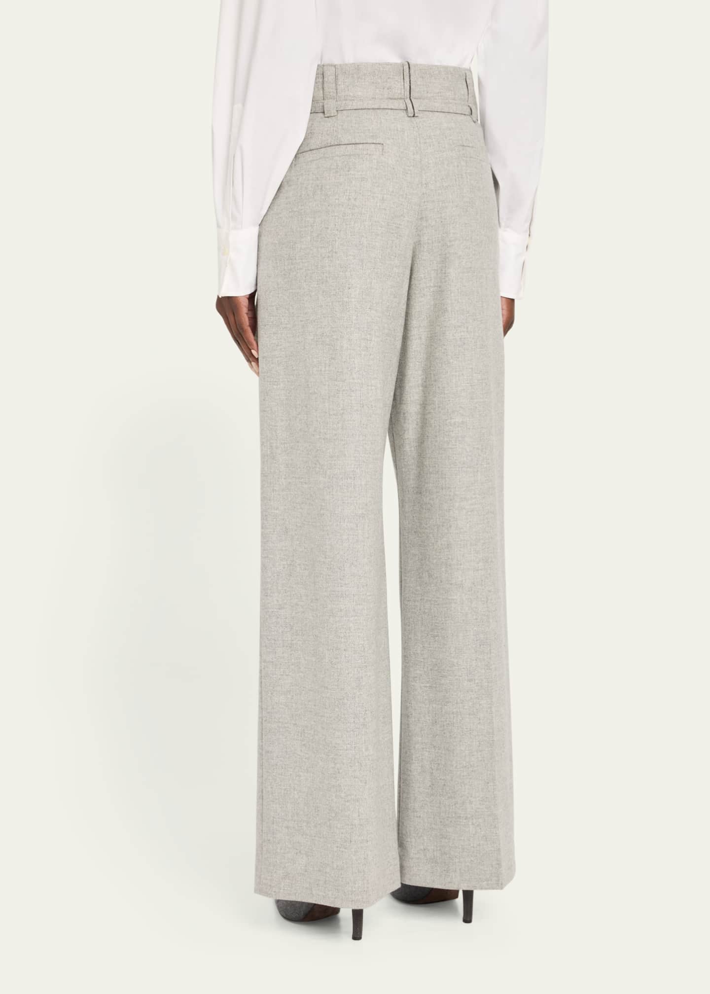 Brunello Cucinelli Cashmere-Wool Flannel Wide Sartorial Pants With Belt Image 3 of 5