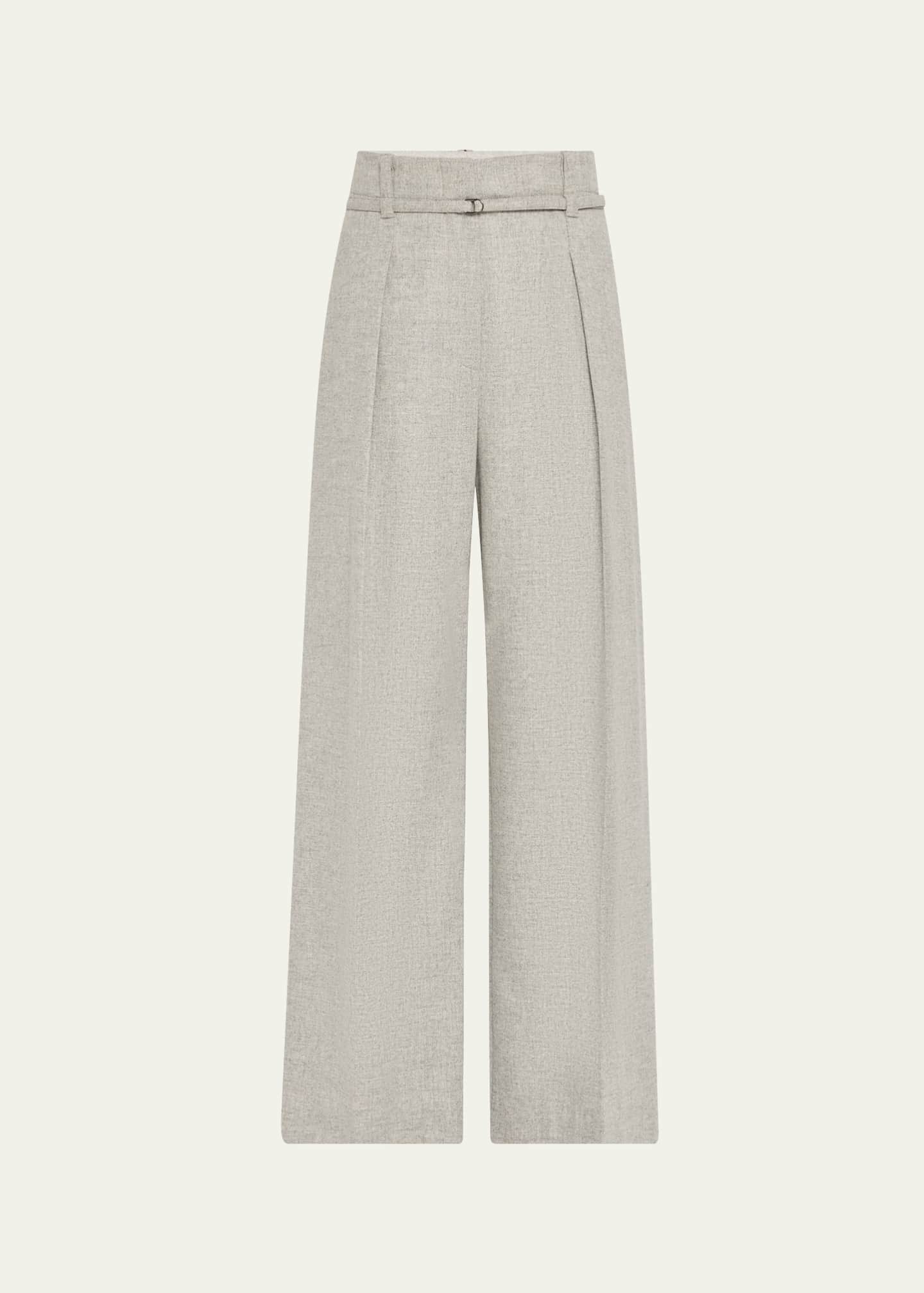Brunello Cucinelli Cashmere-Wool Flannel Wide Sartorial Pants With Belt Image 1 of 5