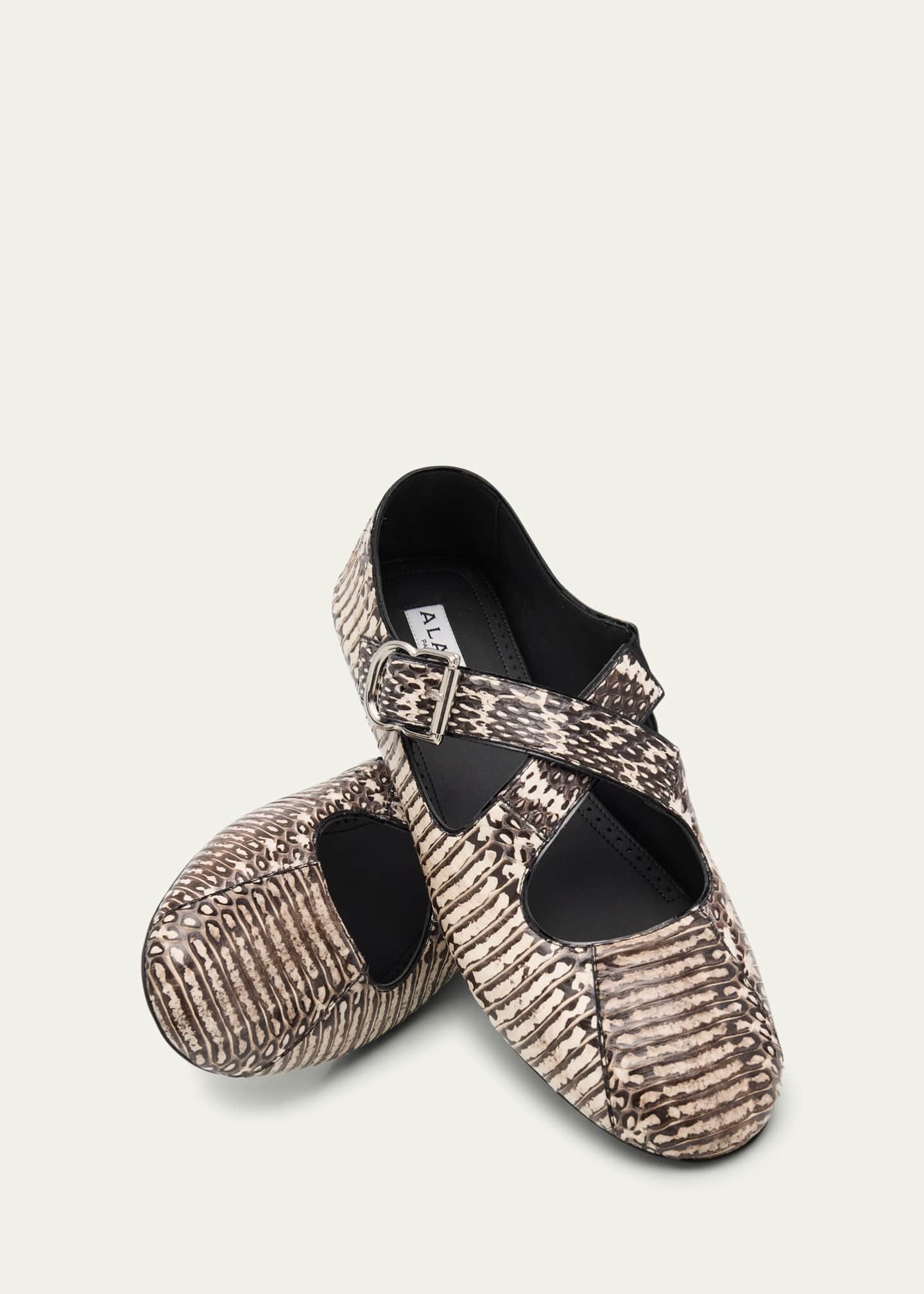 ALAIA Snakeskin Leather Pattern Cross Ballerina Flats Image 5 of 6