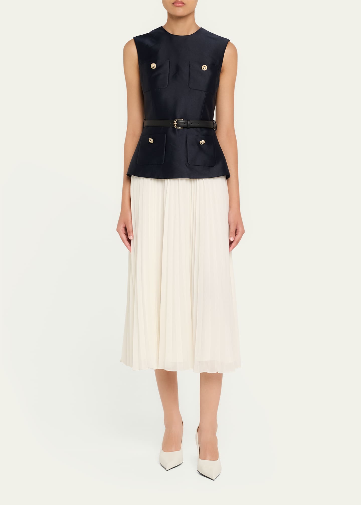 Belted Mixed-Media Midi Dress