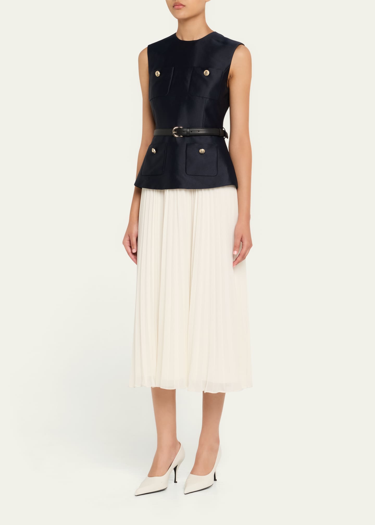Belted Mixed-Media Midi Dress