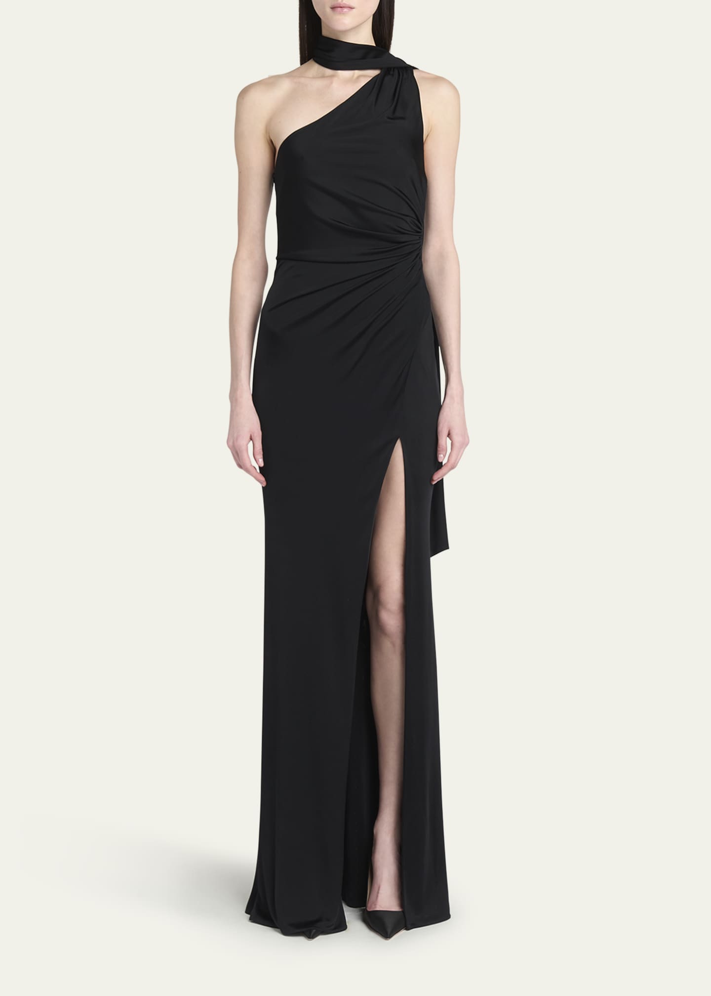 TOM FORD One-Shoulder Scarf-Neck Ruched Slit Gown - Bergdorf Goodman