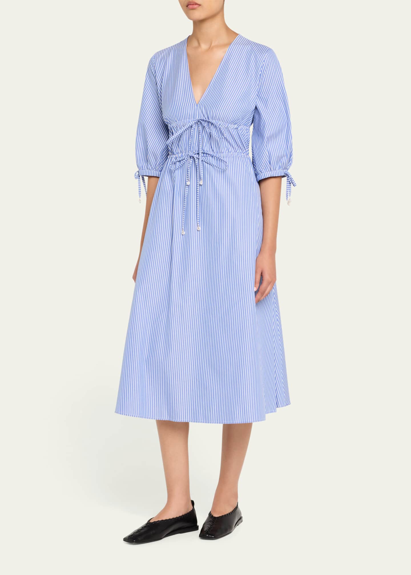 Altuzarra Donrine V-Neck Striped 3/4-Sleeve Midi Dress