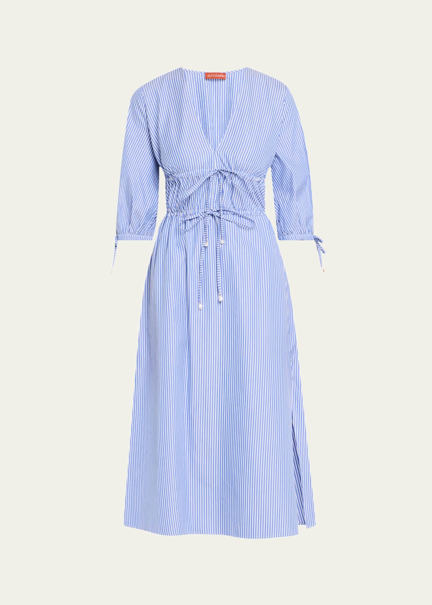 Altuzarra Donrine V-Neck Striped 3/4-Sleeve Midi Dress Image 1 of 5