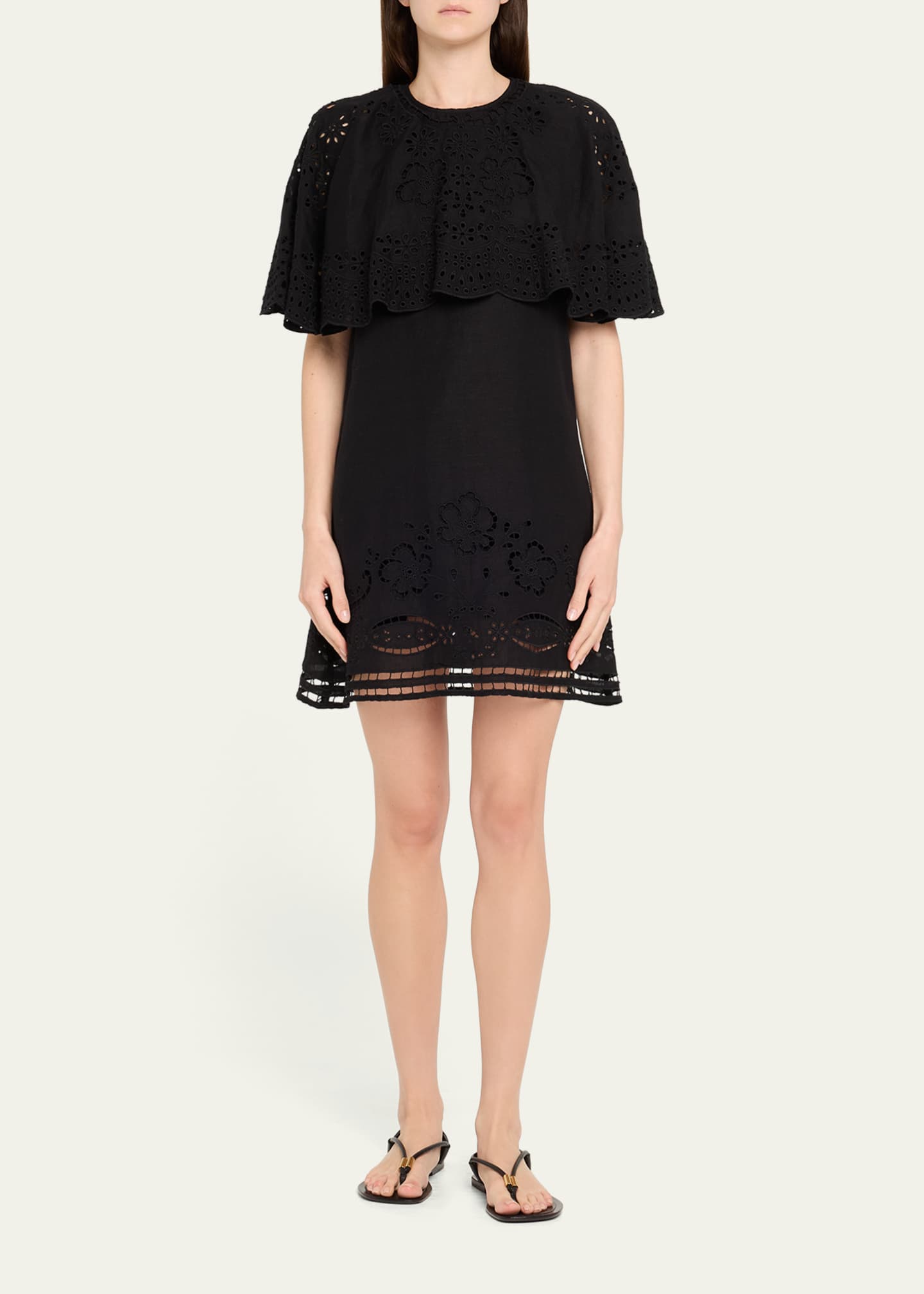 Lula Embroidered Cape-Sleeve Mini Dress