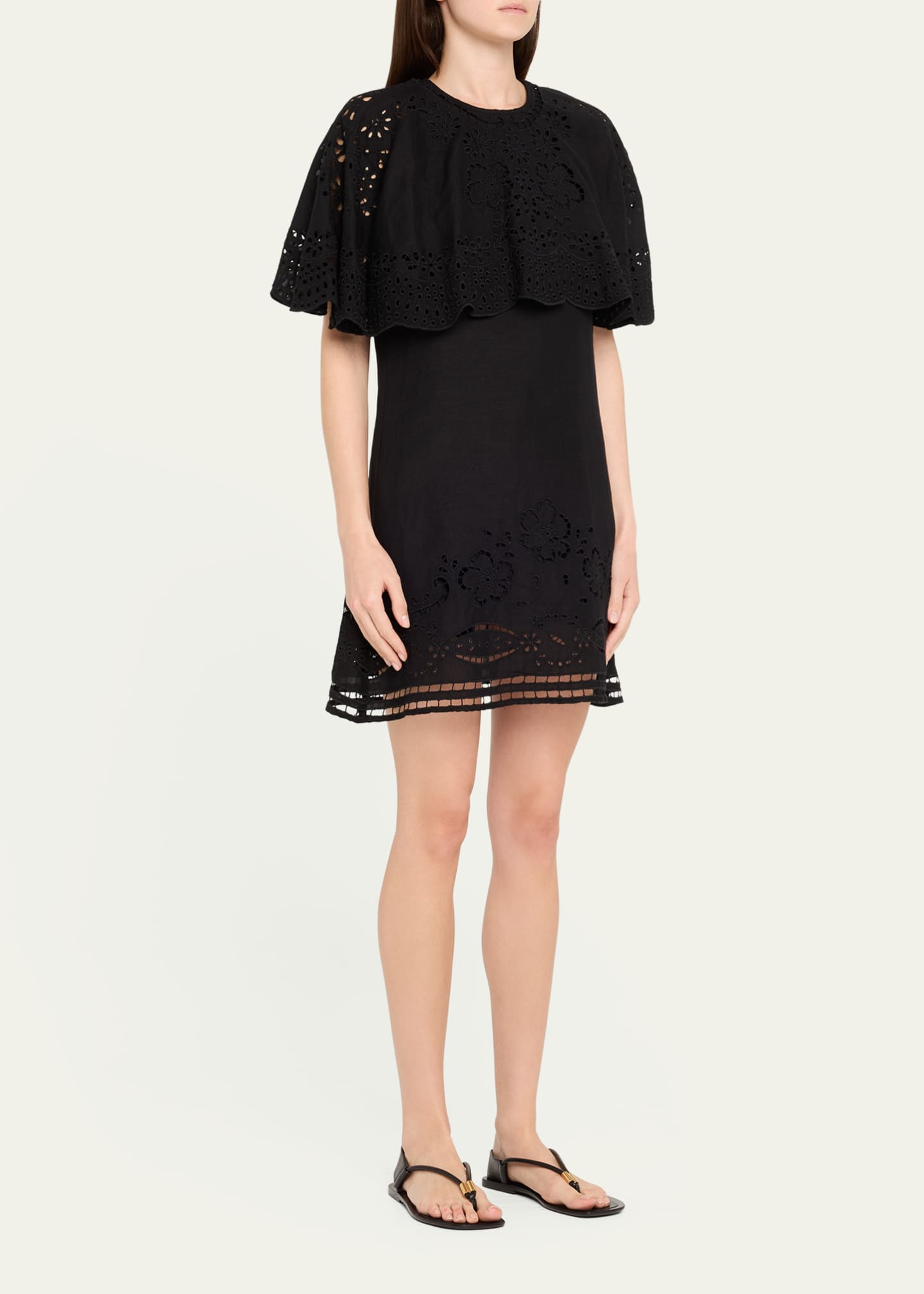 Lula Embroidered Cape-Sleeve Mini Dress