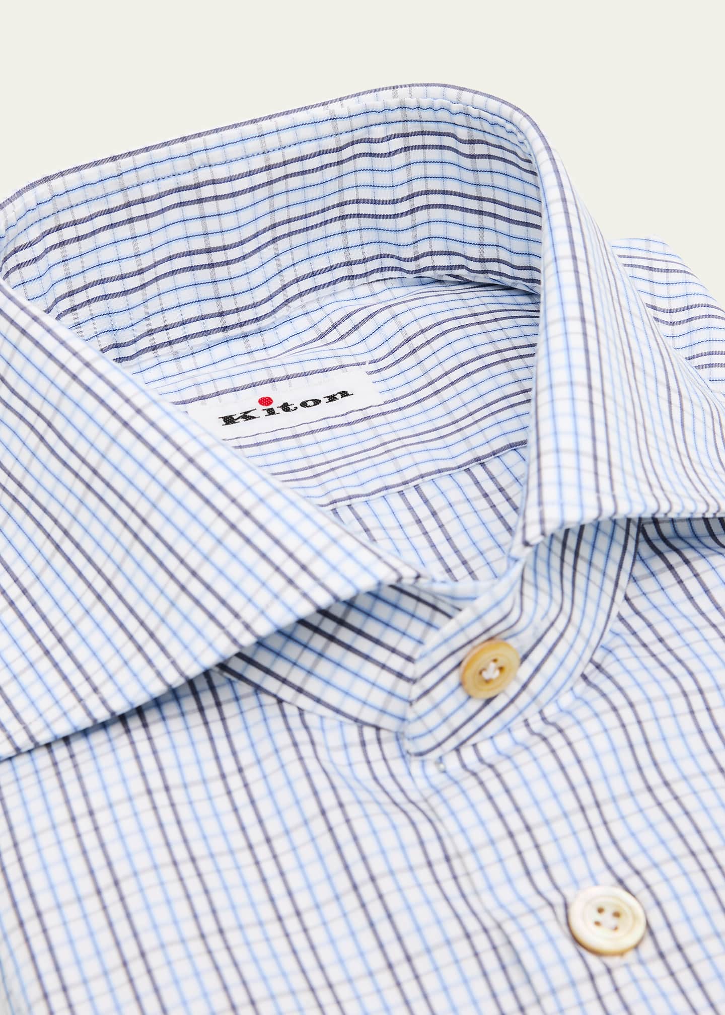 Kiton Men's Cotton Graph Check Spread Collar Dress Shirt Image 2 of 2