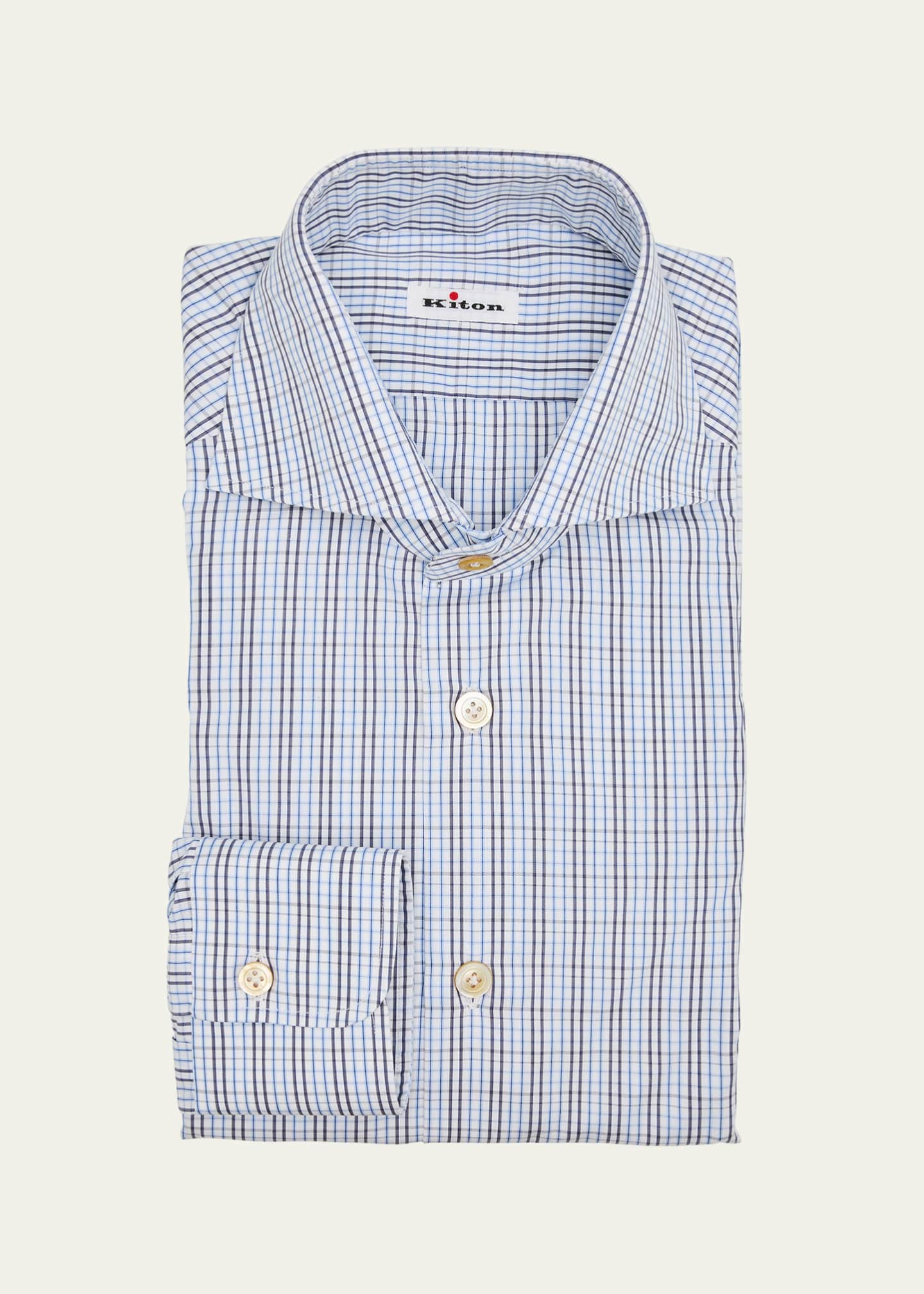 Kiton Men's Cotton Graph Check Spread Collar Dress Shirt Image 1 of 2