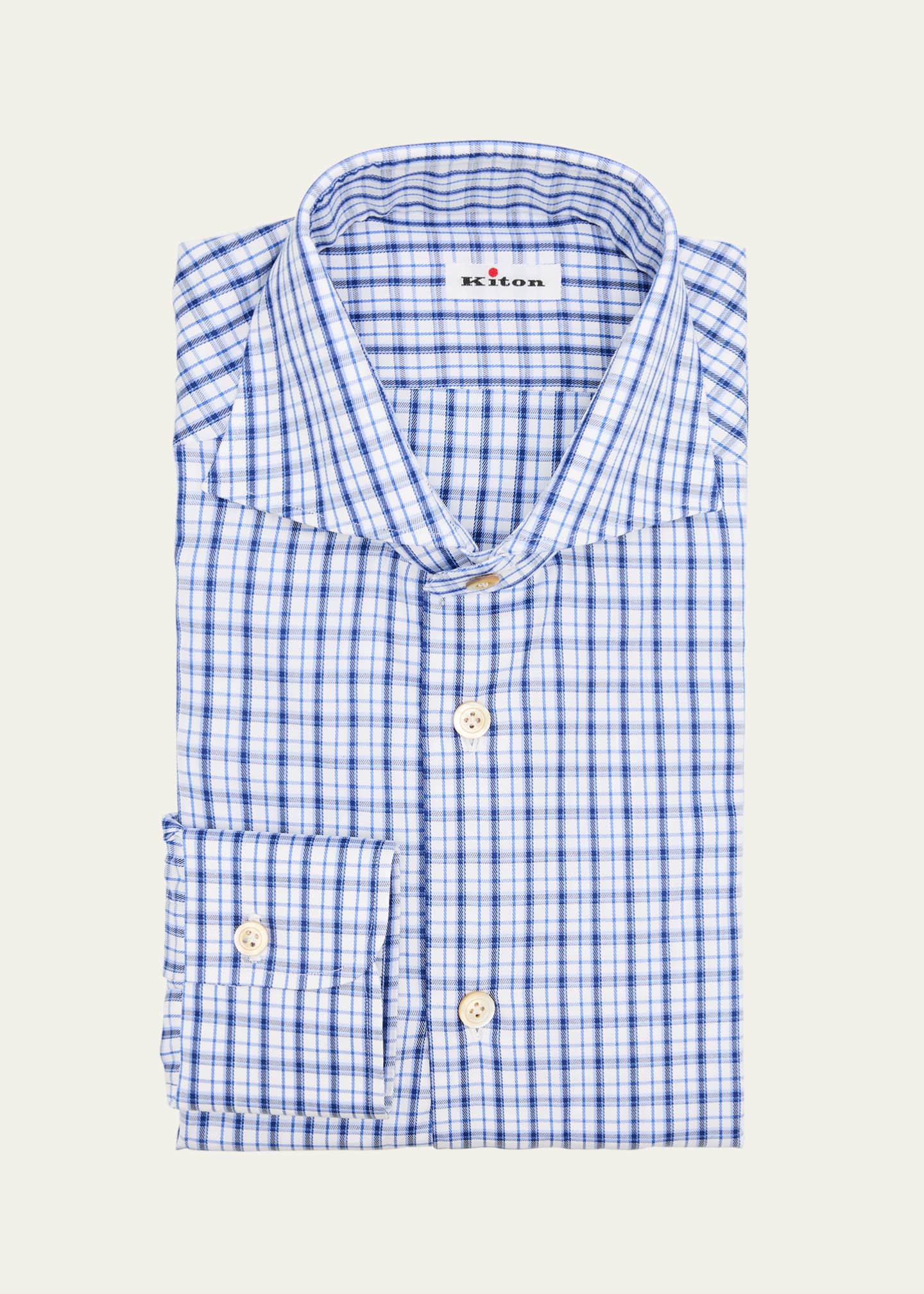 Kiton Men's Cotton Multi-Check Spread Collar Dress Shirt Image 1 of 2