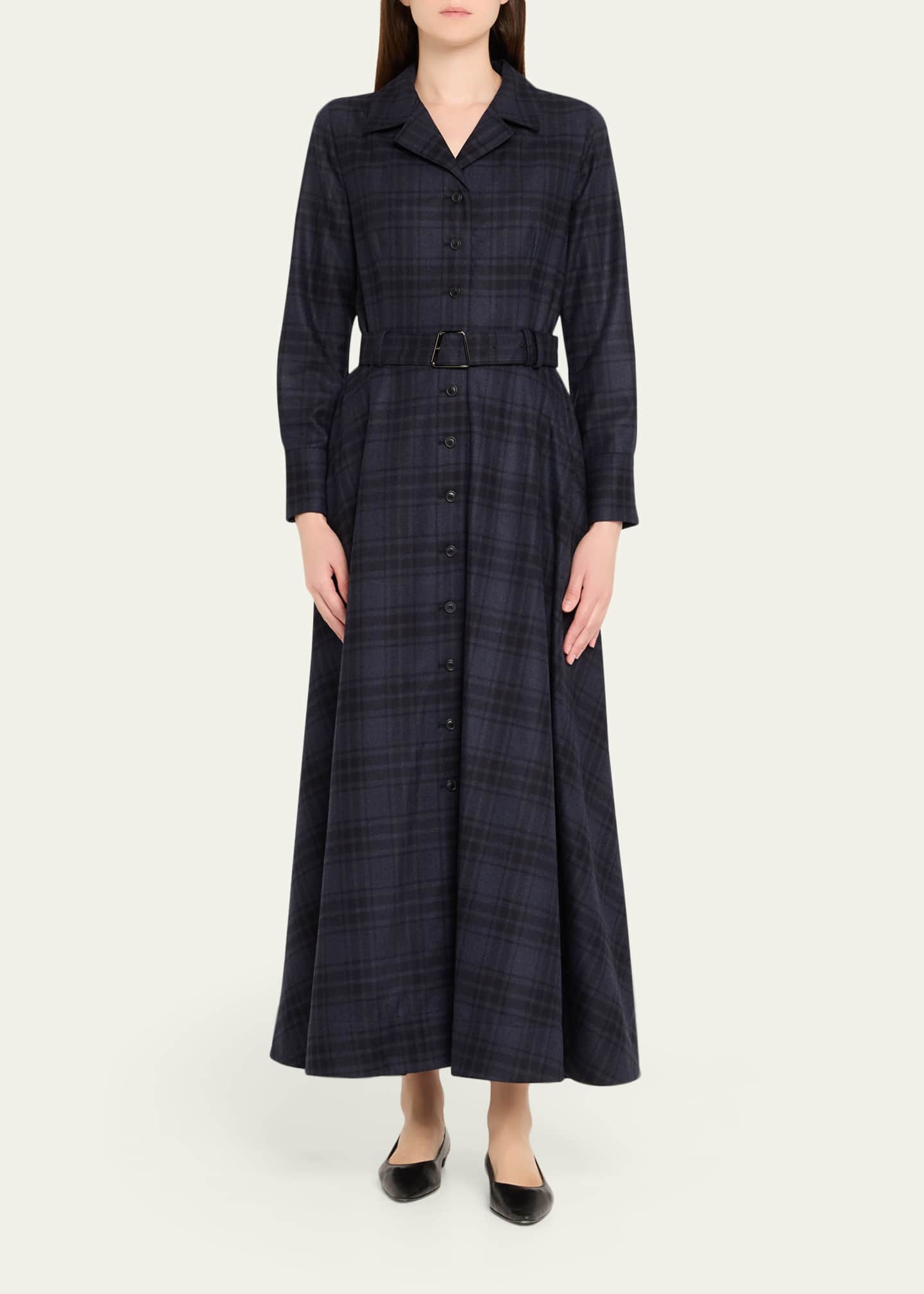 Flannel Plaid Belted Long-Sleeve Maxi Shirtdress