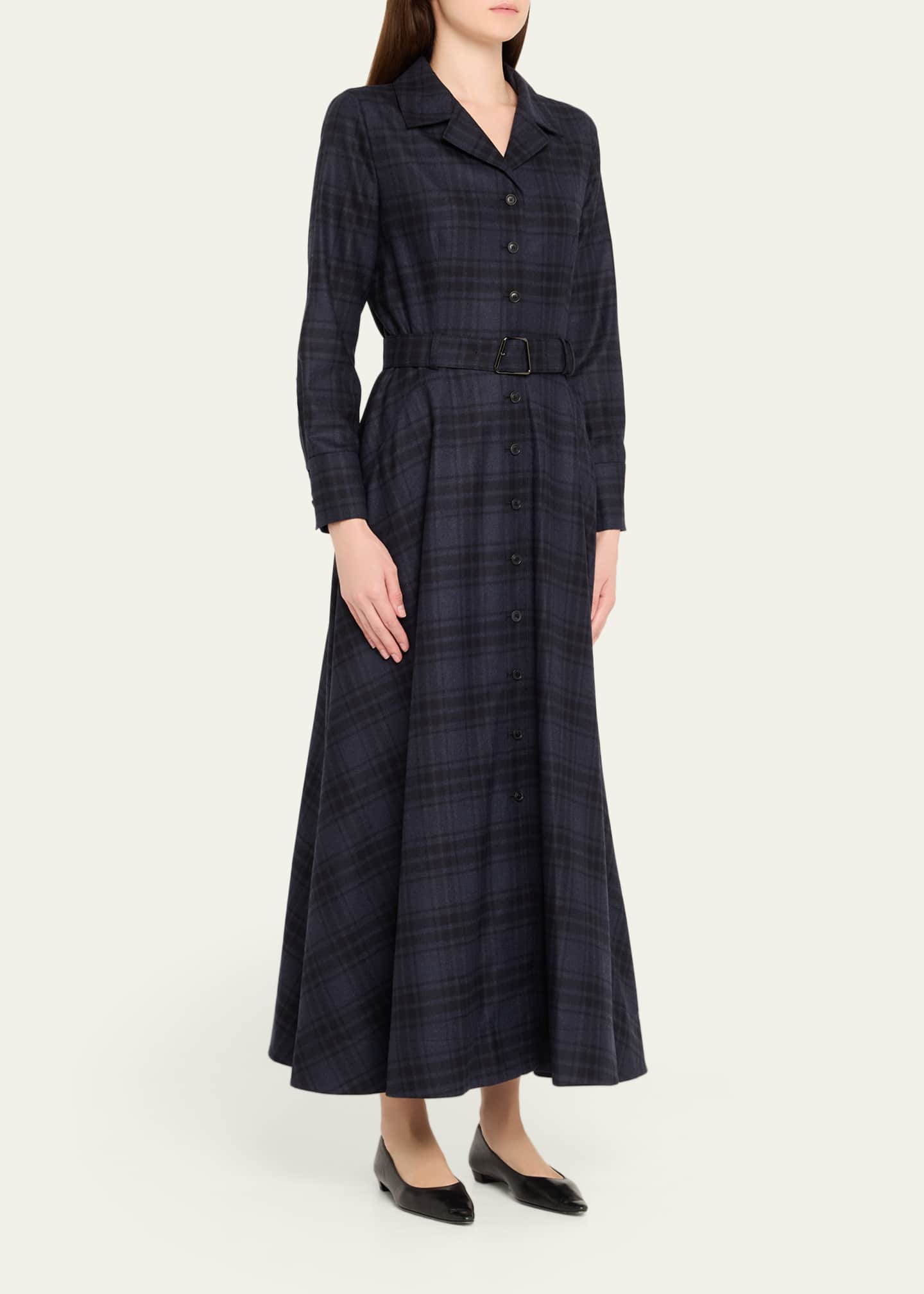 Flannel Plaid Belted Long-Sleeve Maxi Shirtdress