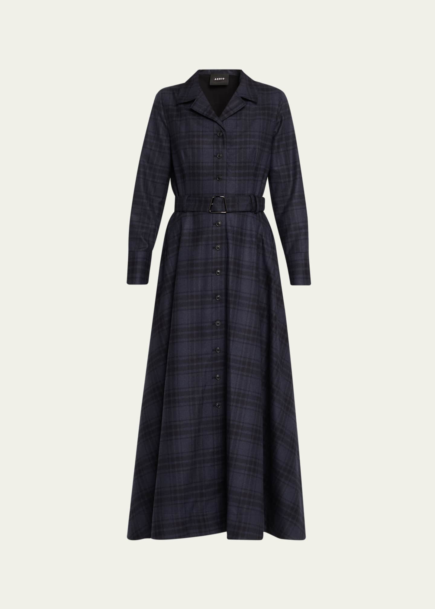 Belted Wool Flannel Plaid Midi Shirt Dress Denim-Black / 14