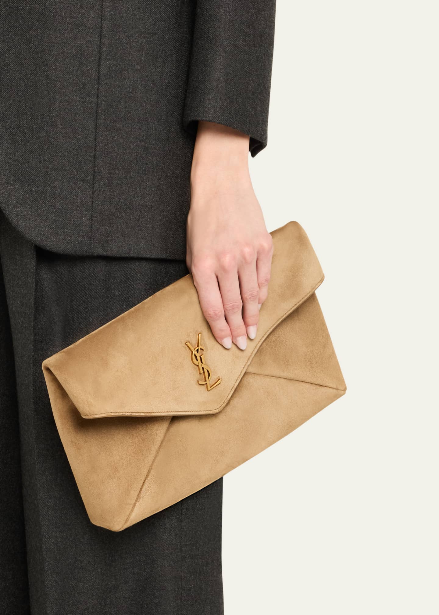 Saint Laurent Large YSL Envelope Flap Clutch Bag in Suede Image 2 of 6