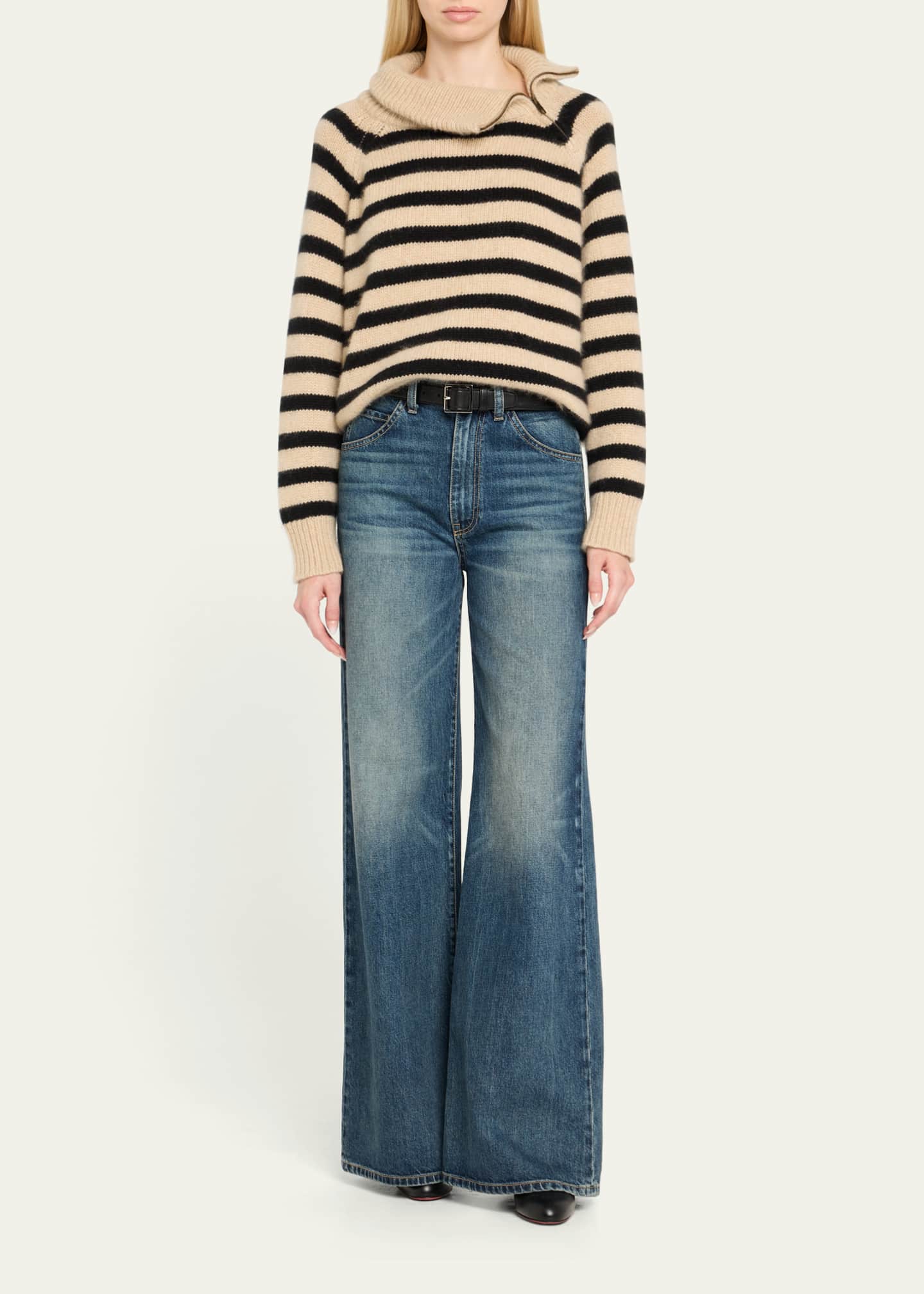 Nili Lotan Raelyn Striped Zip Turtleneck Cashmere Sweater Image 2 of 5