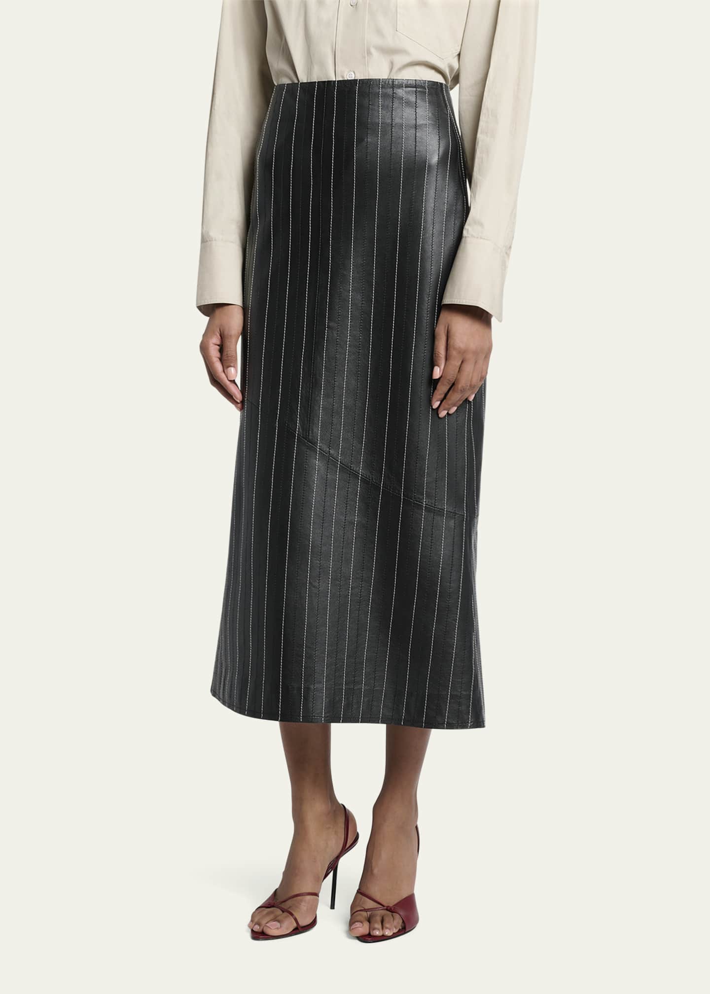 Victoria Beckham Pinstripe Kick Midi Leather Skirt