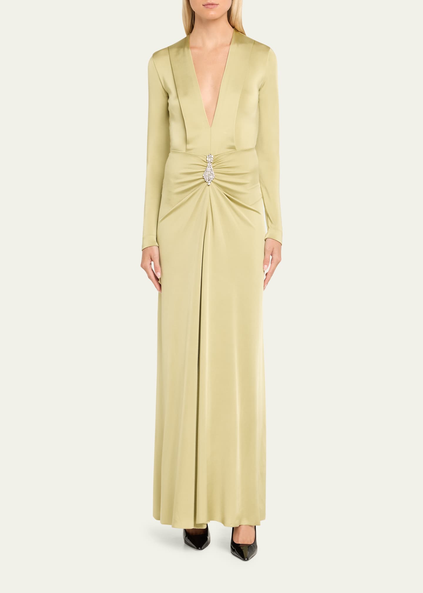 Plunging Gathered Crystal Long-Sleeve Gown
