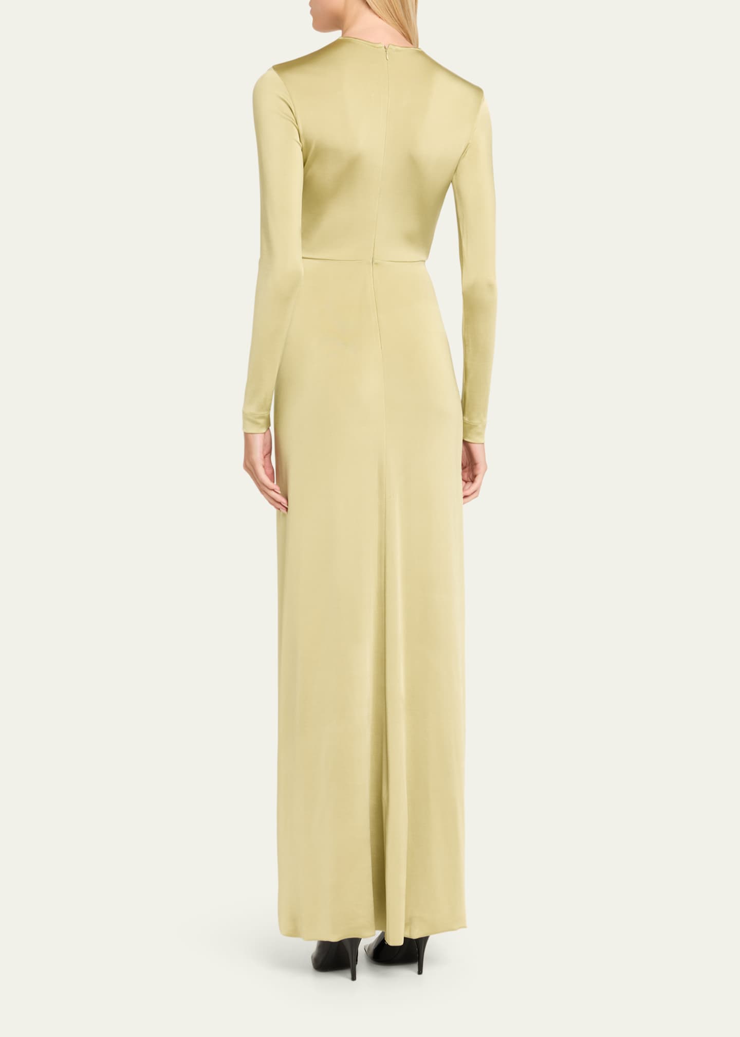 Plunging Gathered Crystal Long-Sleeve Gown