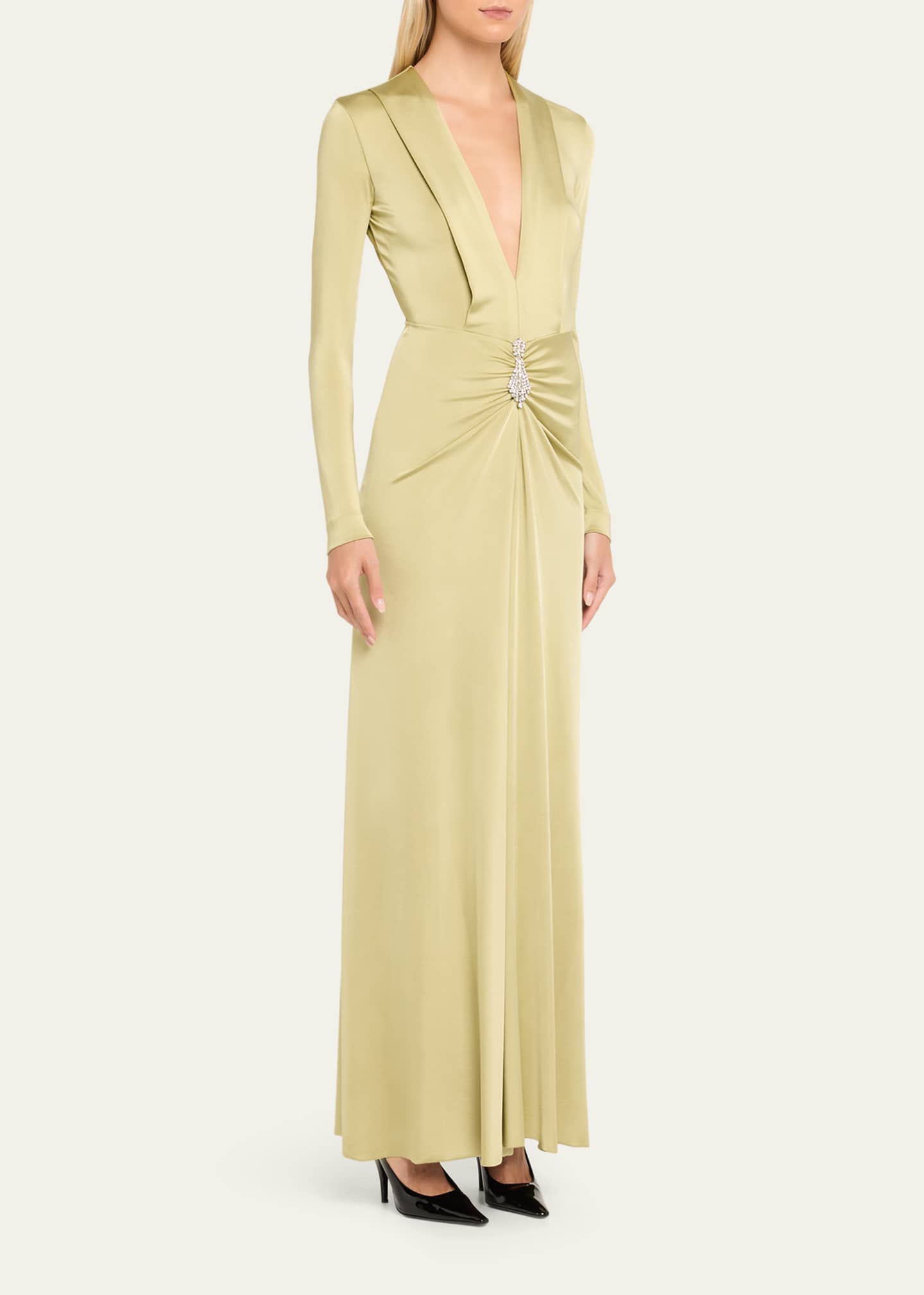 Plunging Gathered Crystal Long-Sleeve Gown
