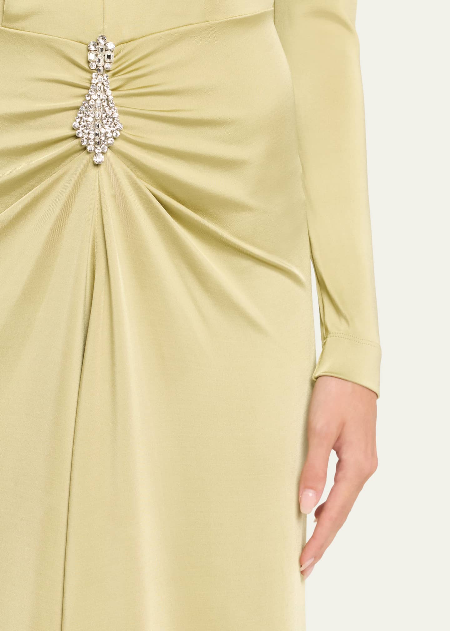 Plunging Gathered Crystal Long-Sleeve Gown