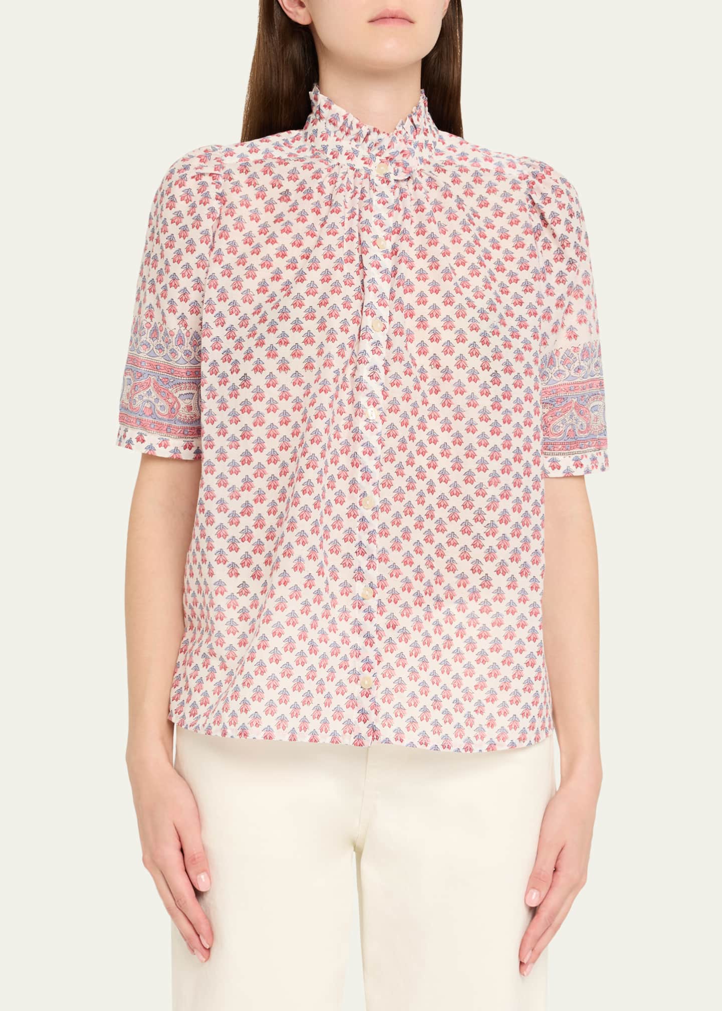 Winnie Antique-Print Puff-Sleeve Top