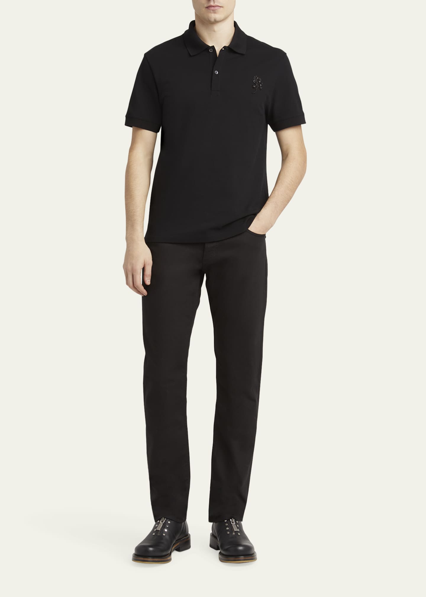McQueen Men's Short-Sleeve Beaded Rose Piqué Polo Shirt Image 2 of 5