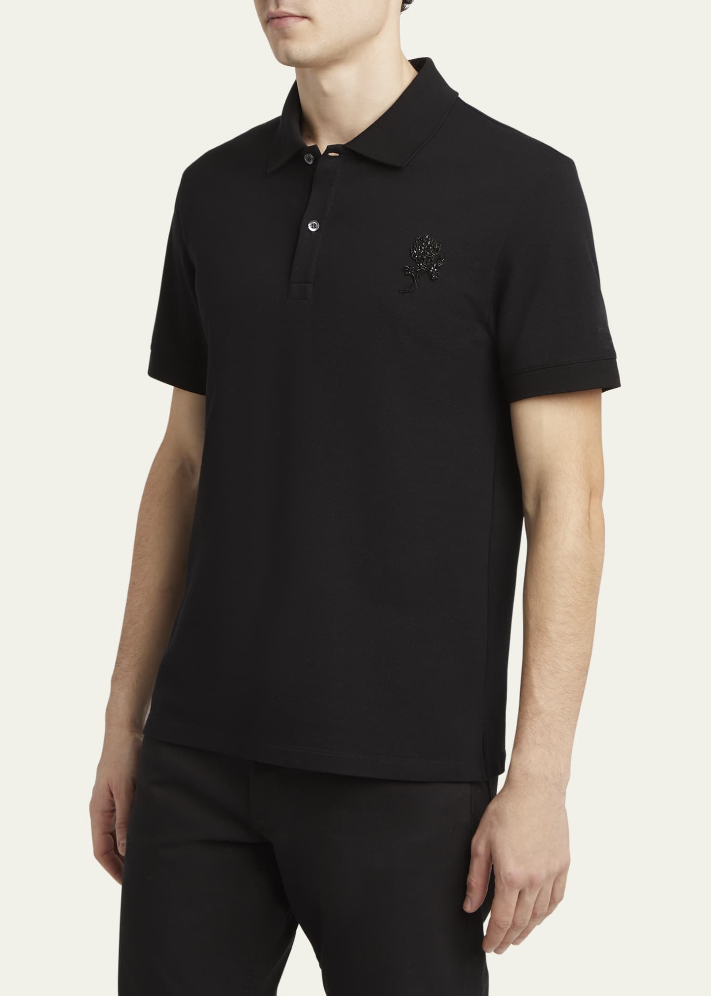 McQueen Men's Short-Sleeve Beaded Rose Piqué Polo Shirt Image 4 of 5