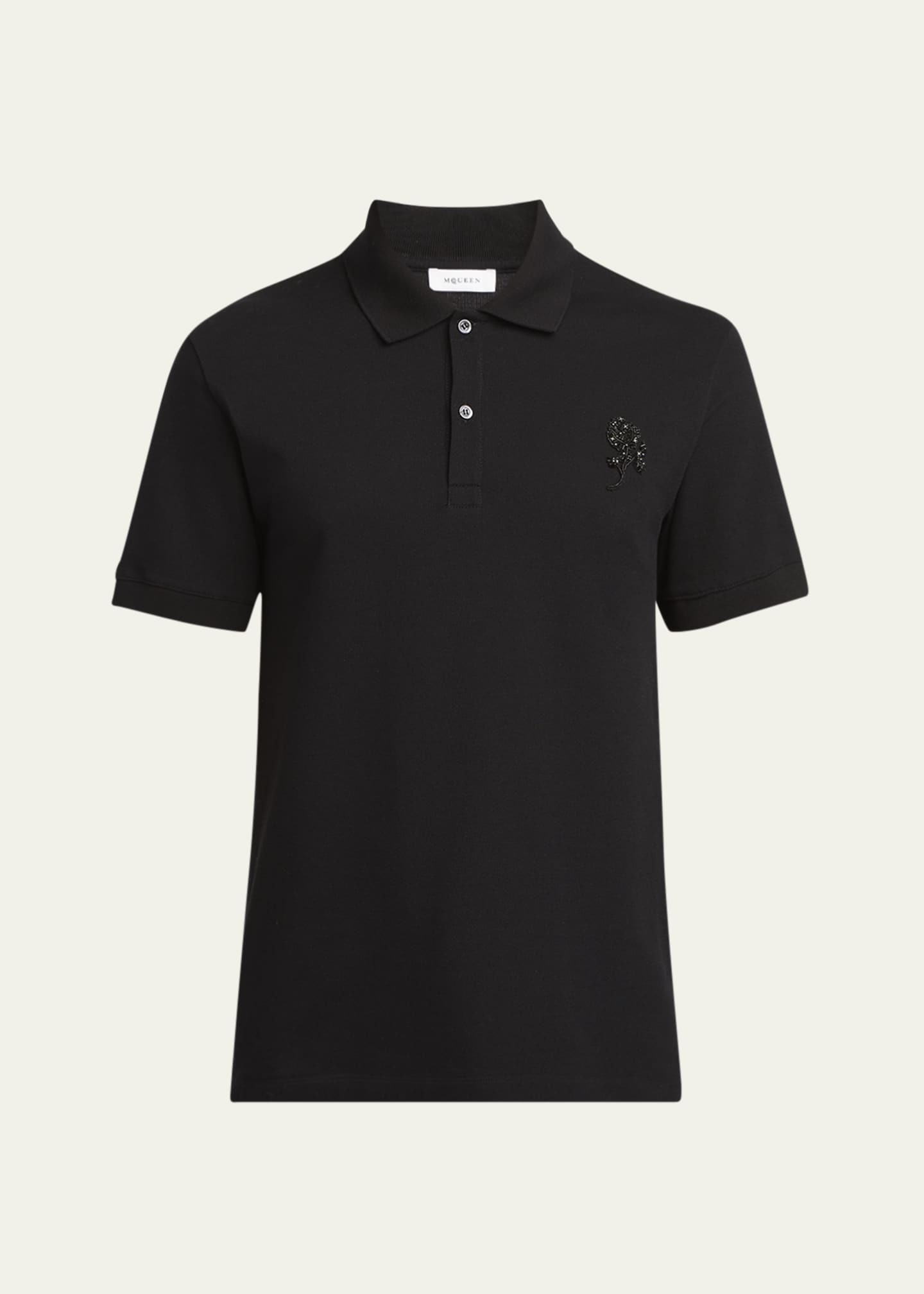 McQueen Men's Short-Sleeve Beaded Rose Piqué Polo Shirt Image 1 of 5