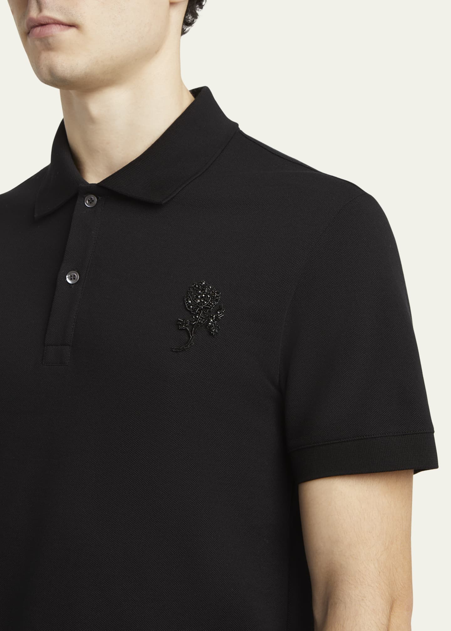 McQueen Men's Short-Sleeve Beaded Rose Piqué Polo Shirt Image 5 of 5