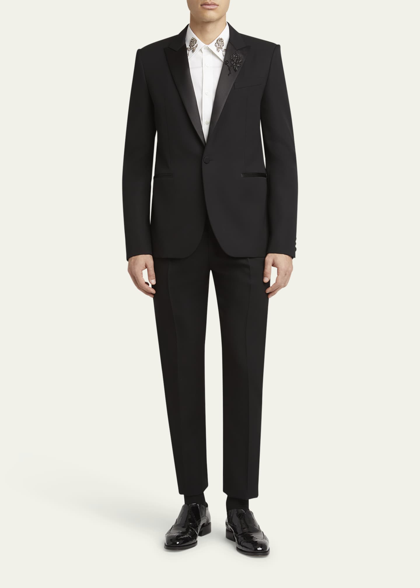 McQueen Men's Beaded Rose Wool and Satin Tuxedo Jacket Image 2 of 8