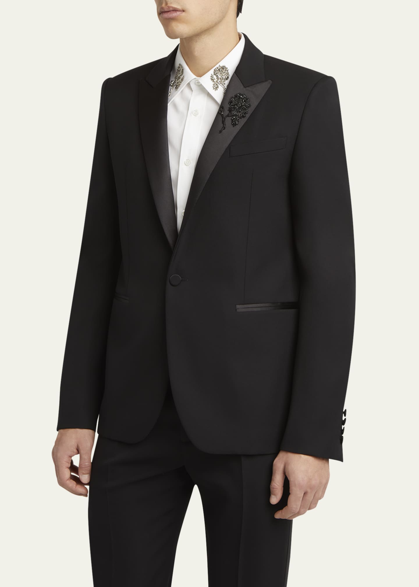 McQueen Men's Beaded Rose Wool and Satin Tuxedo Jacket Image 4 of 8