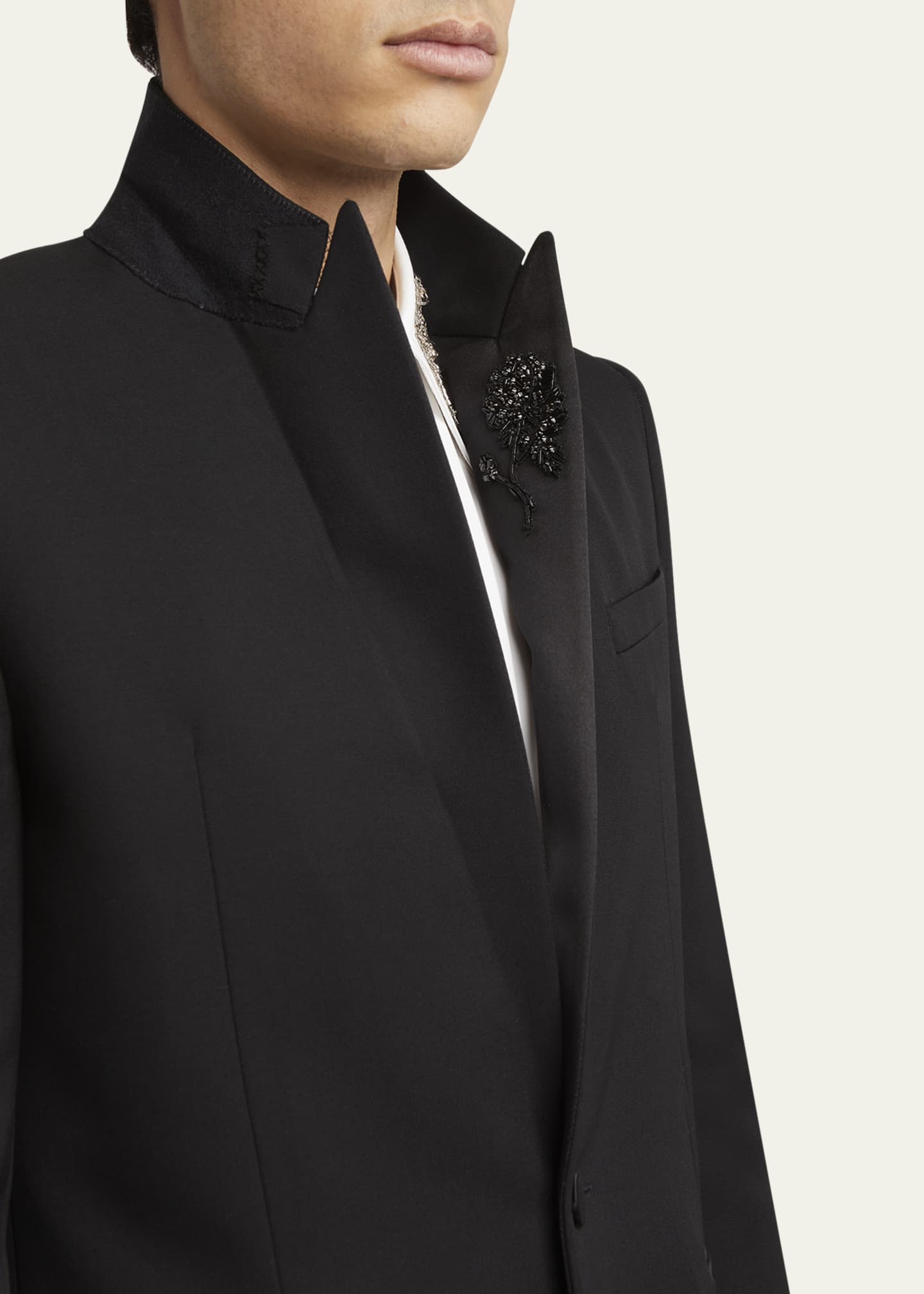 McQueen Men's Beaded Rose Wool and Satin Tuxedo Jacket Image 7 of 8