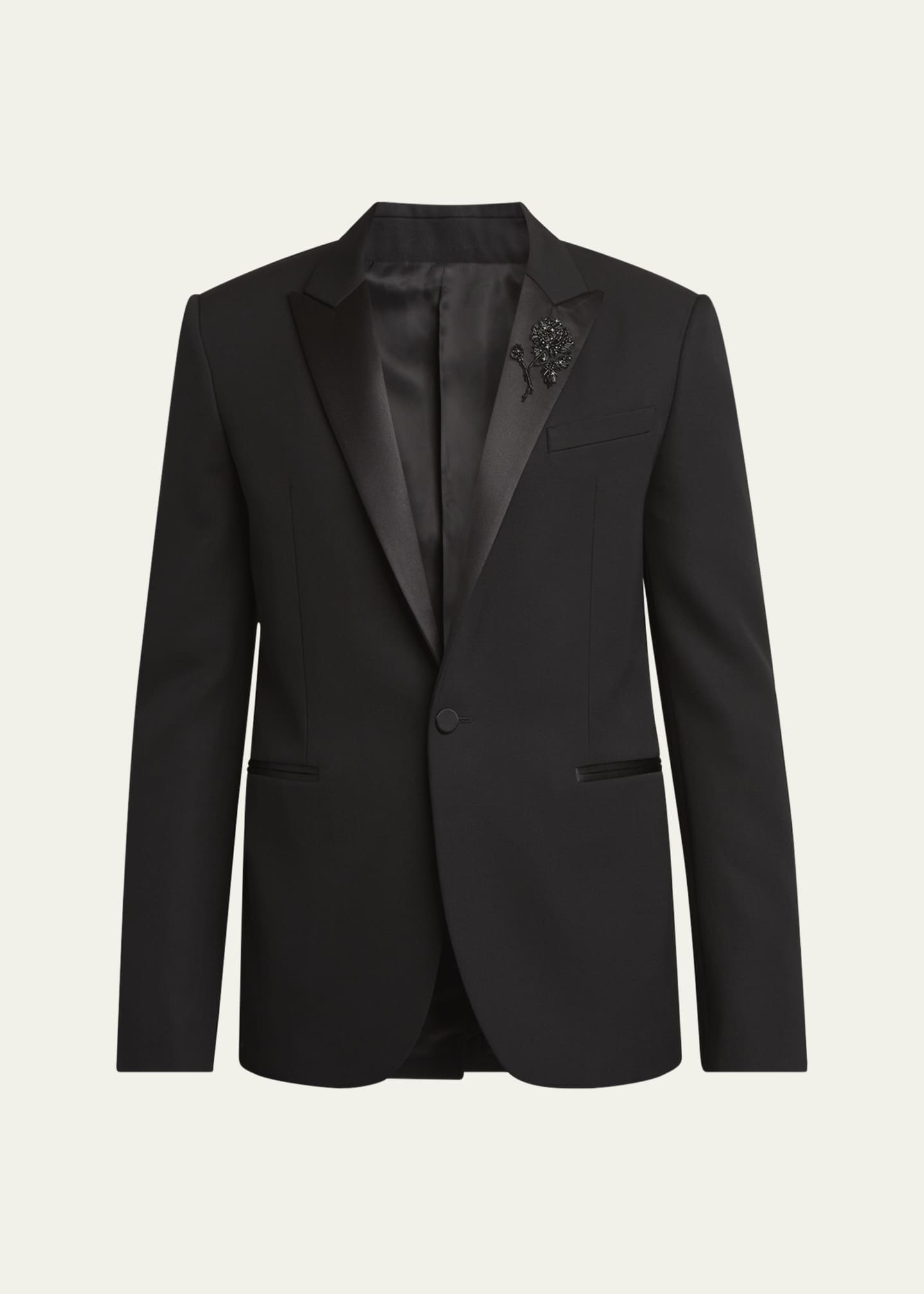 McQueen Men's Beaded Rose Wool and Satin Tuxedo Jacket Image 1 of 8
