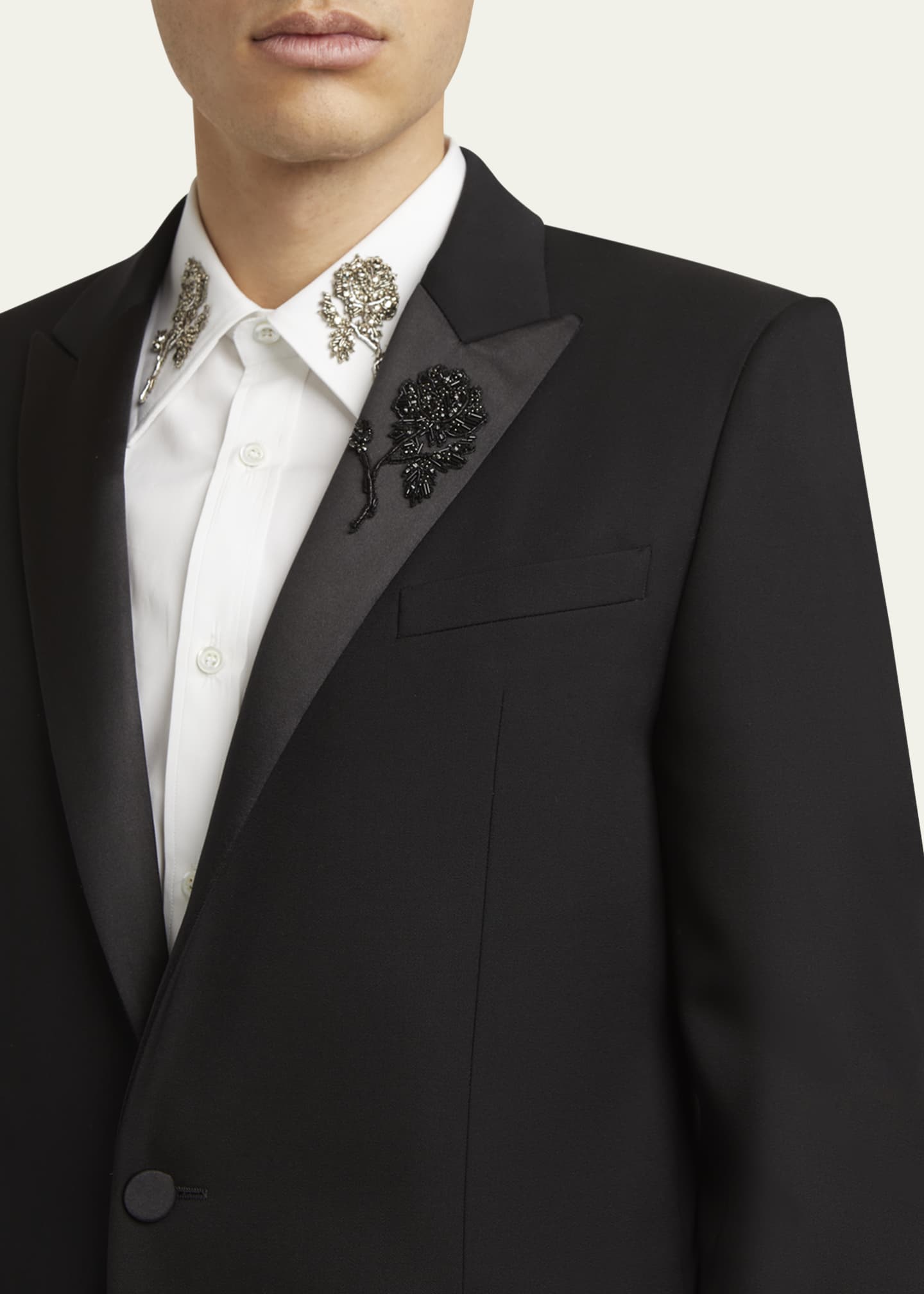 McQueen Men's Beaded Rose Wool and Satin Tuxedo Jacket Image 5 of 8