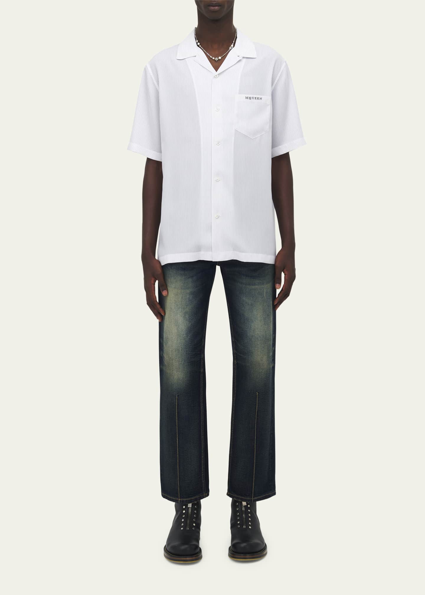 McQueen Men's Pinstripe Short-Sleeve Logo Pocket Camp Shirt Image 2 of 5