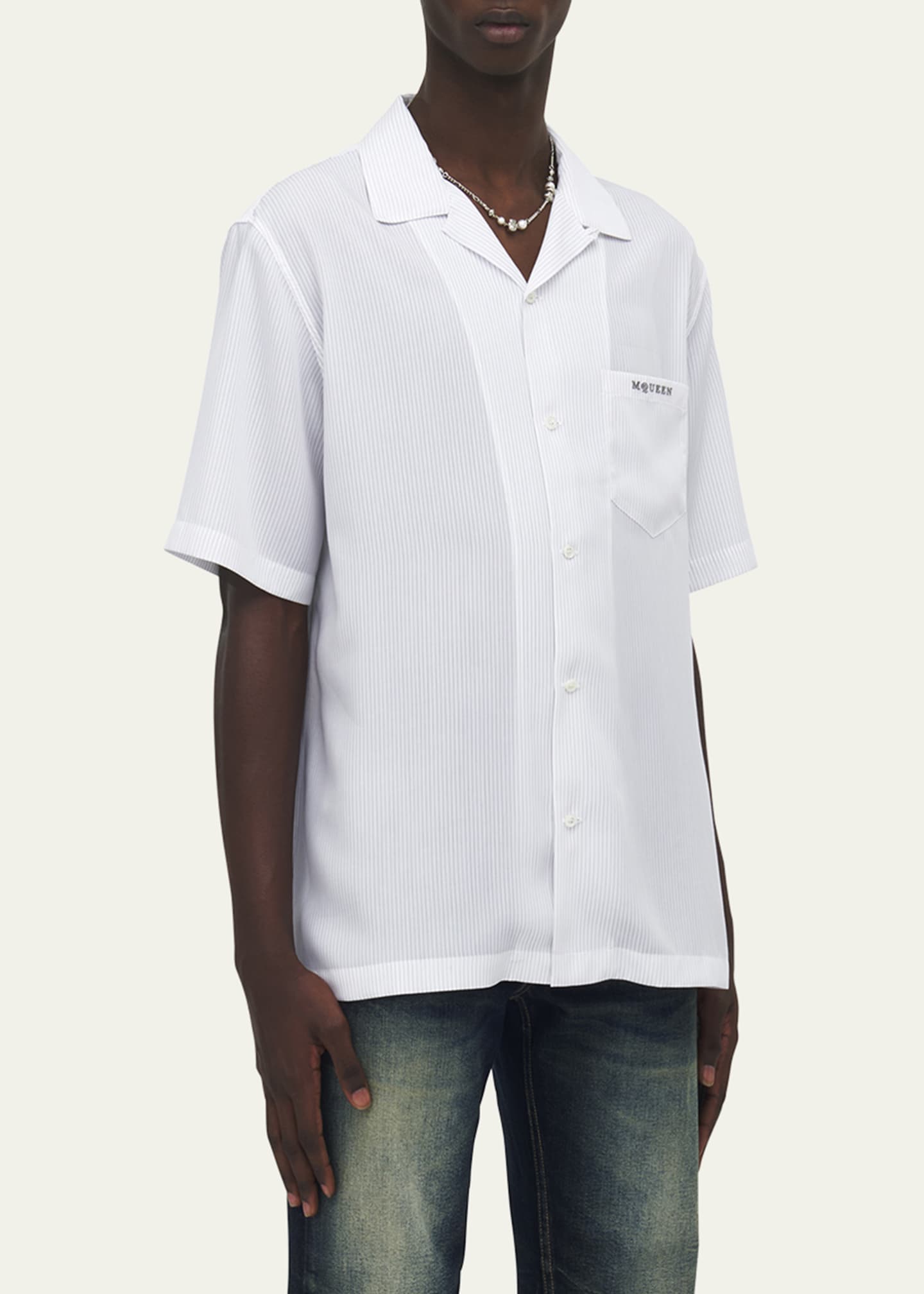 McQueen Men's Pinstripe Short-Sleeve Logo Pocket Camp Shirt Image 4 of 5