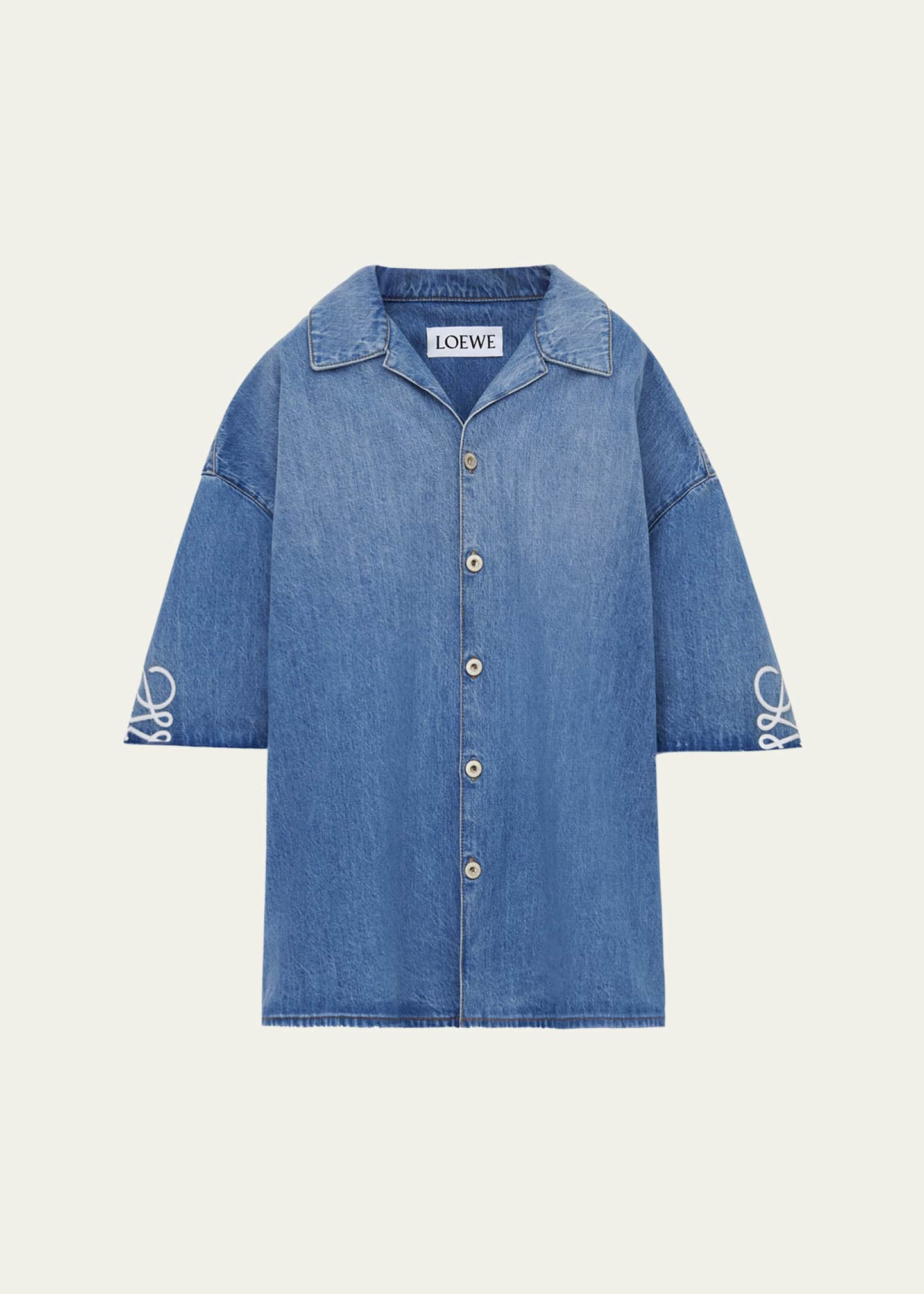 Loewe Men's Washed Denim Anagram-Sleeve Camp Shirt
