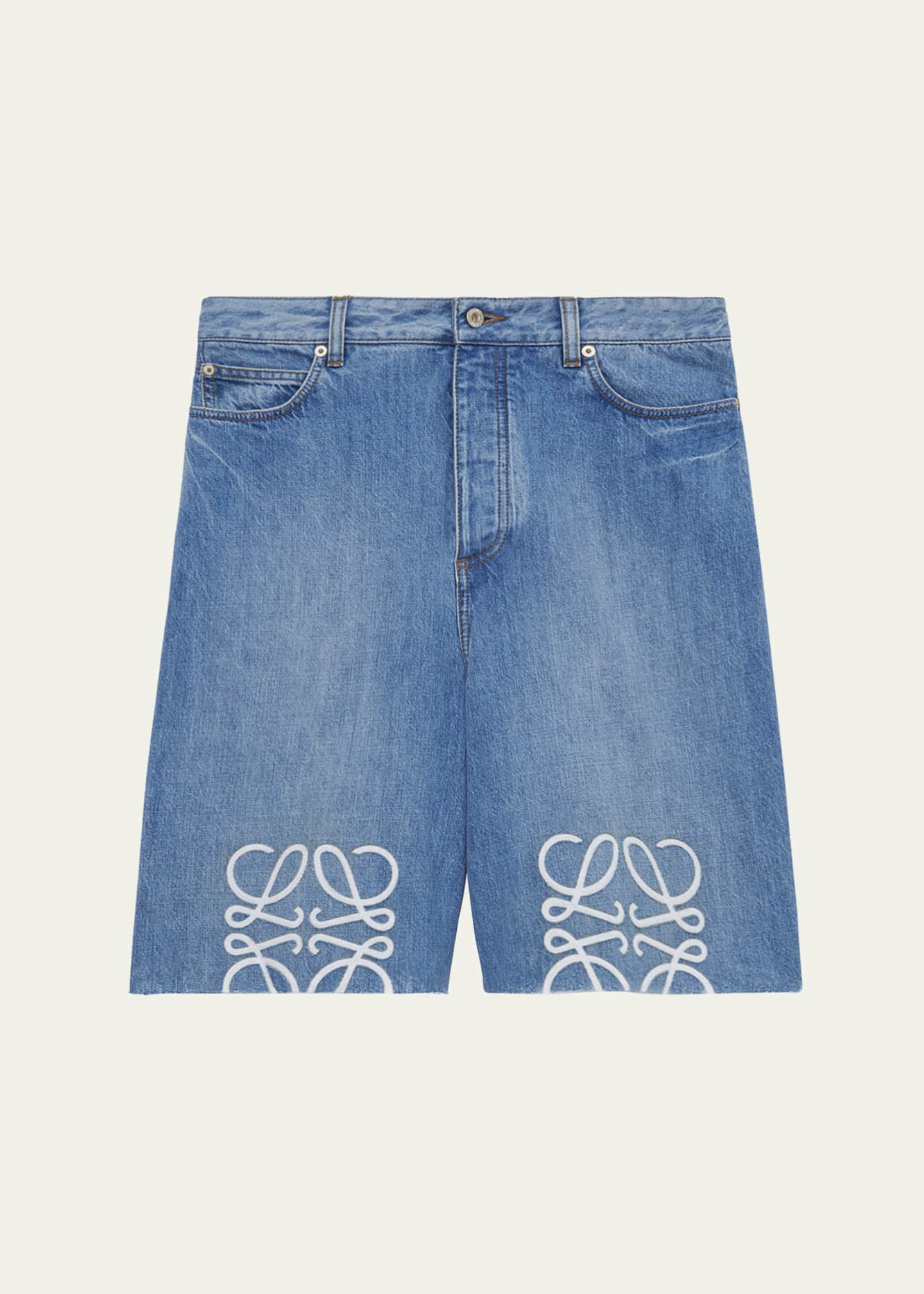 Loewe Men's Maxi-Anagram Washed Denim Shorts