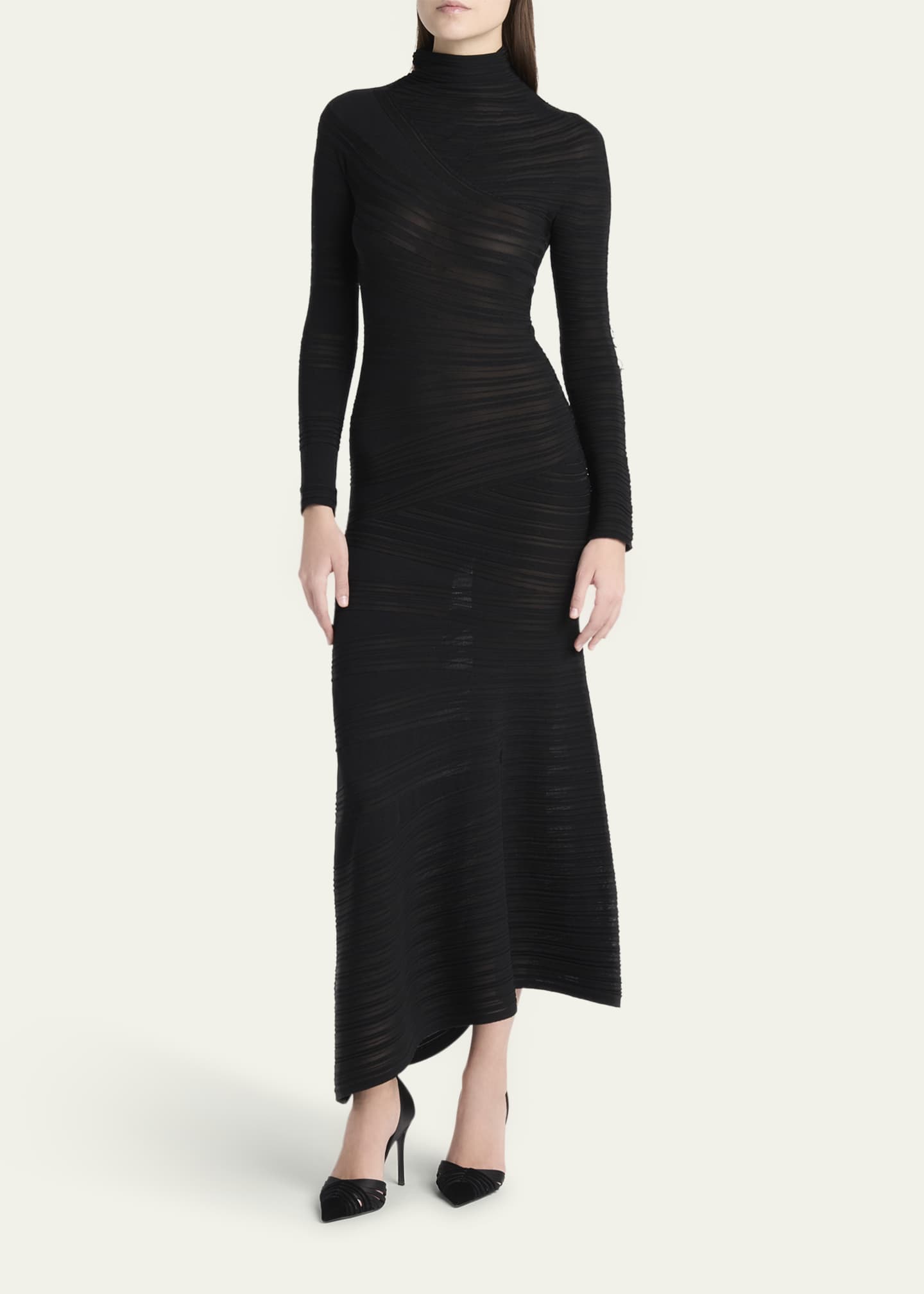 Giorgio Armani Asymmetric Tonal Striped Jersey Mock-Neck Midi Dress Image 2 of 5