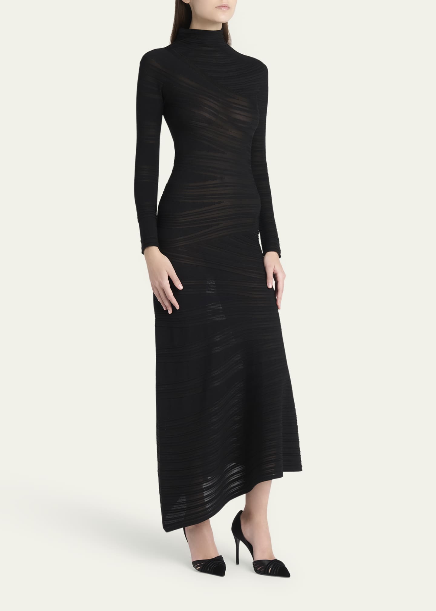 Giorgio Armani Asymmetric Tonal Striped Jersey Mock-Neck Midi Dress Image 4 of 5