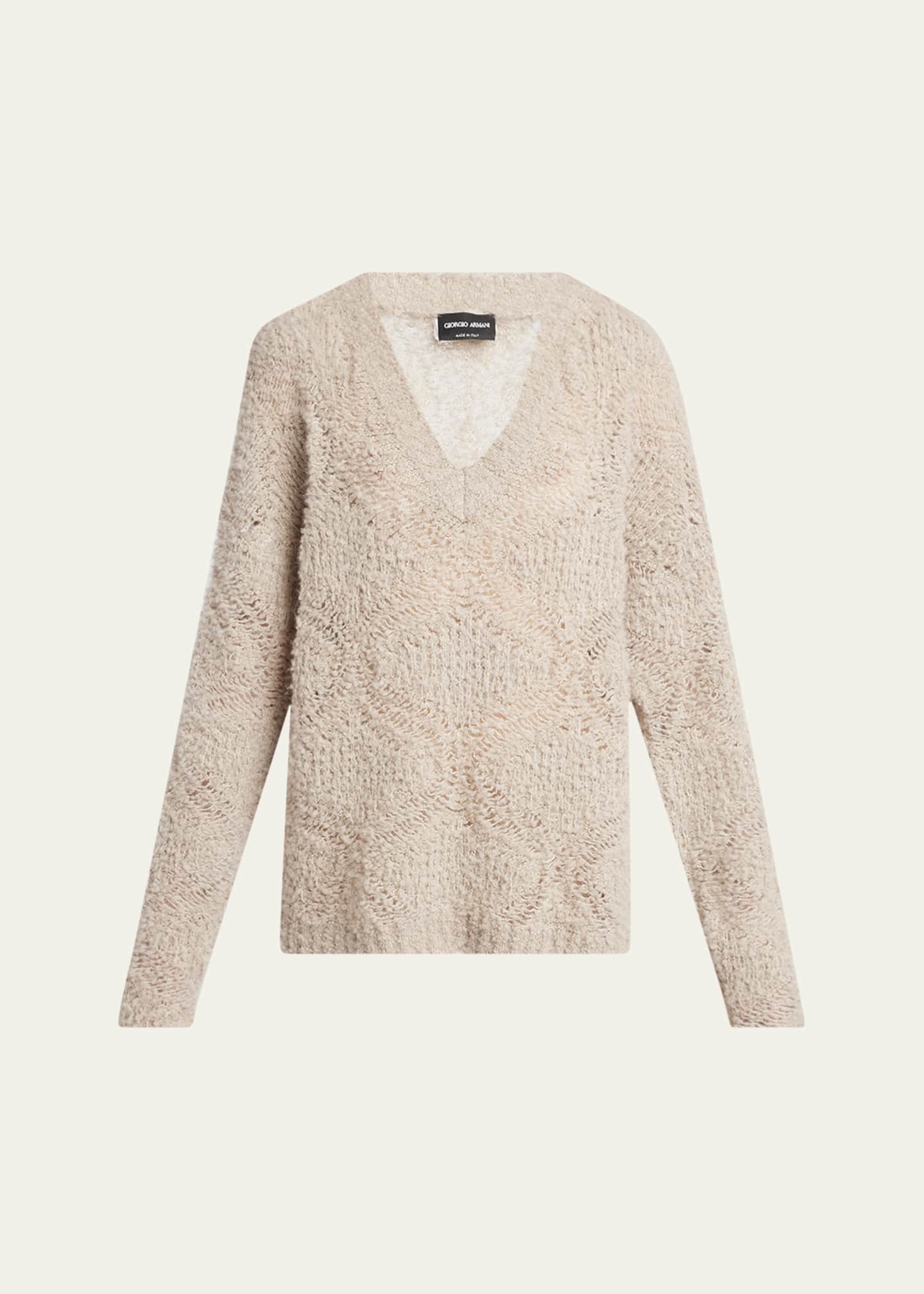 Giorgio Armani V-Neck Wool Cashmere Open-Knit Sweater Image 1 of 5
